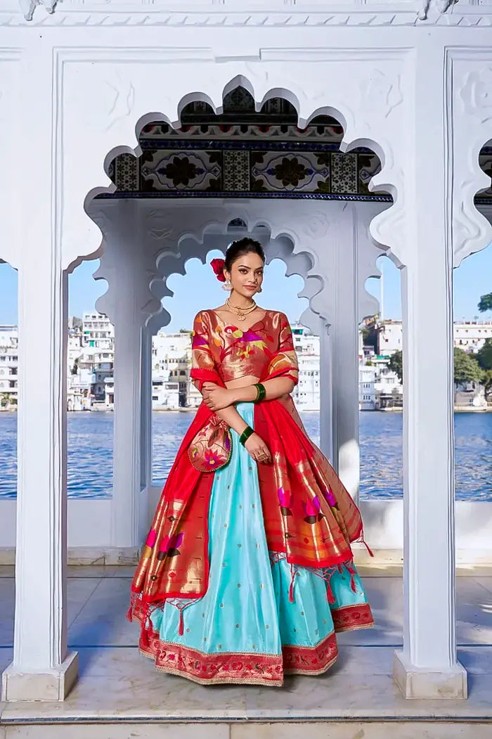 Blue Paithani Silk Lehenga with Red Lotus Design Dupatta