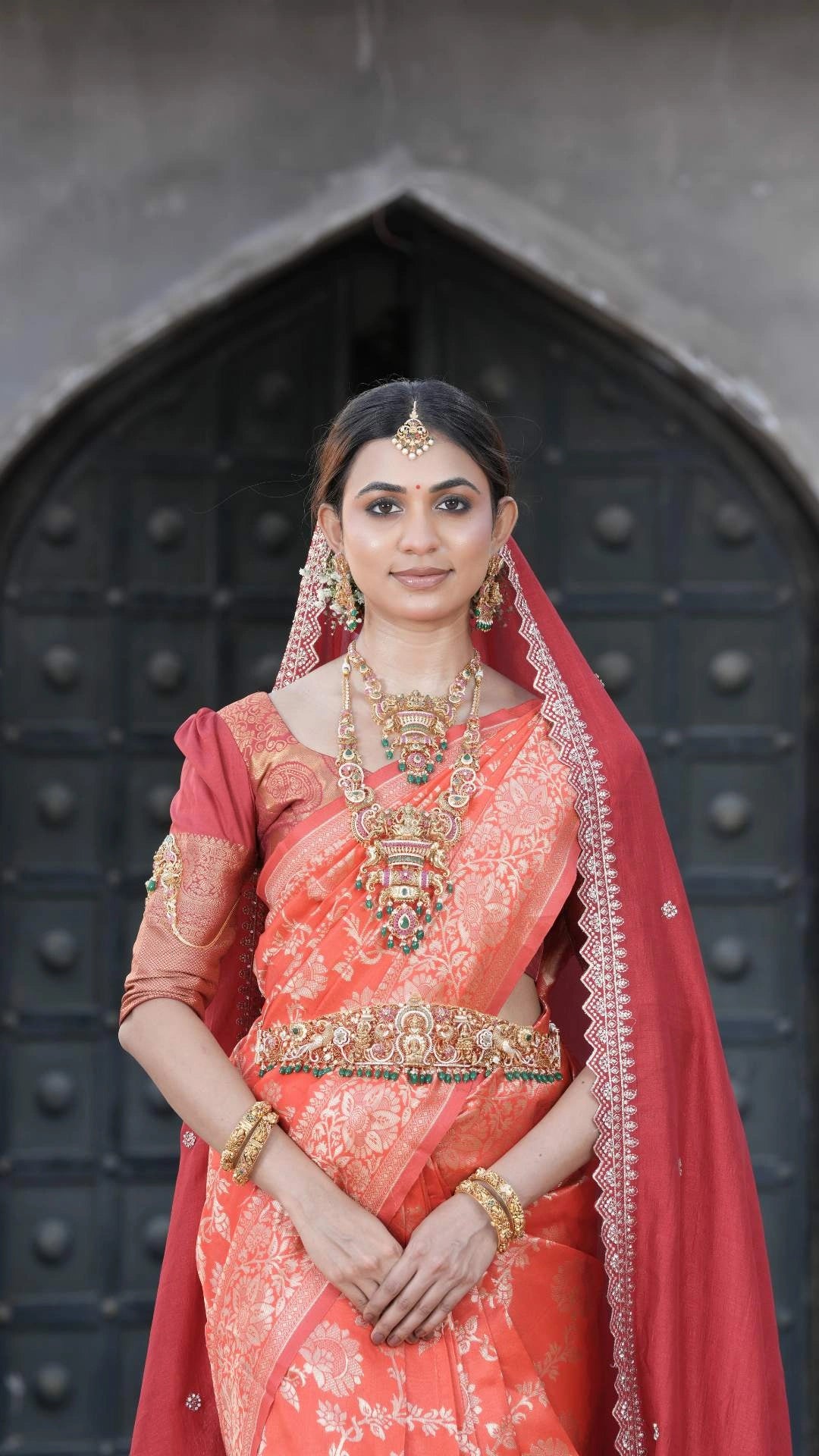 Orange Silk Saree with All-over Golden Zari Floral Weaving with Matching Blouse
