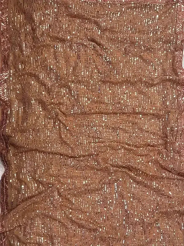 Mocha Rose Crushed Sequin Saree with Feather Trim Luxe Edit and Sequin Matching Blouse