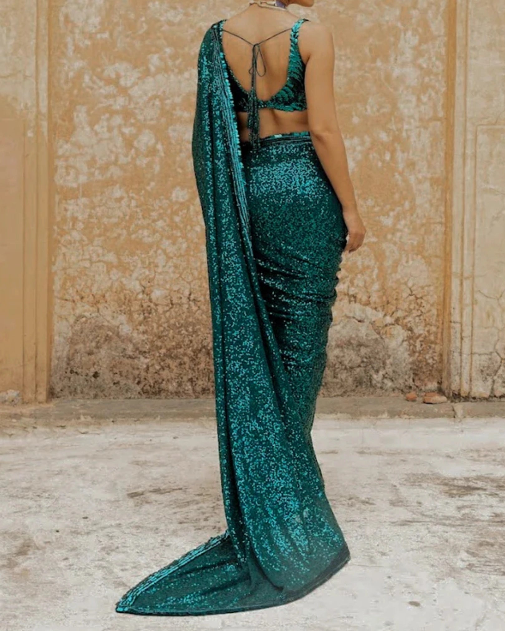Peacock Green Georgette Saree with Sequin Work and Hand Embroidery