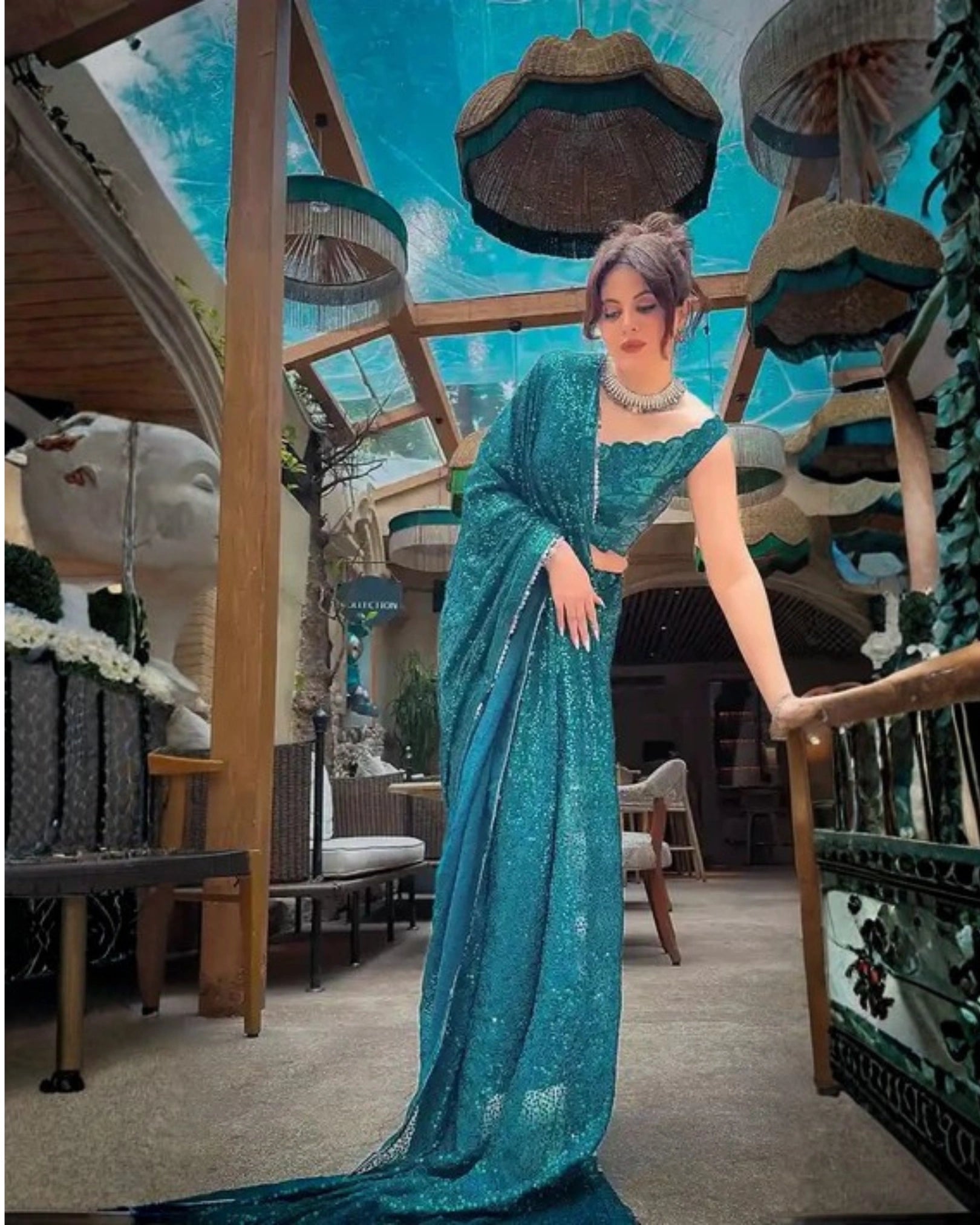 Peacock Green Georgette Saree with Sequin Work and Hand Embroidery