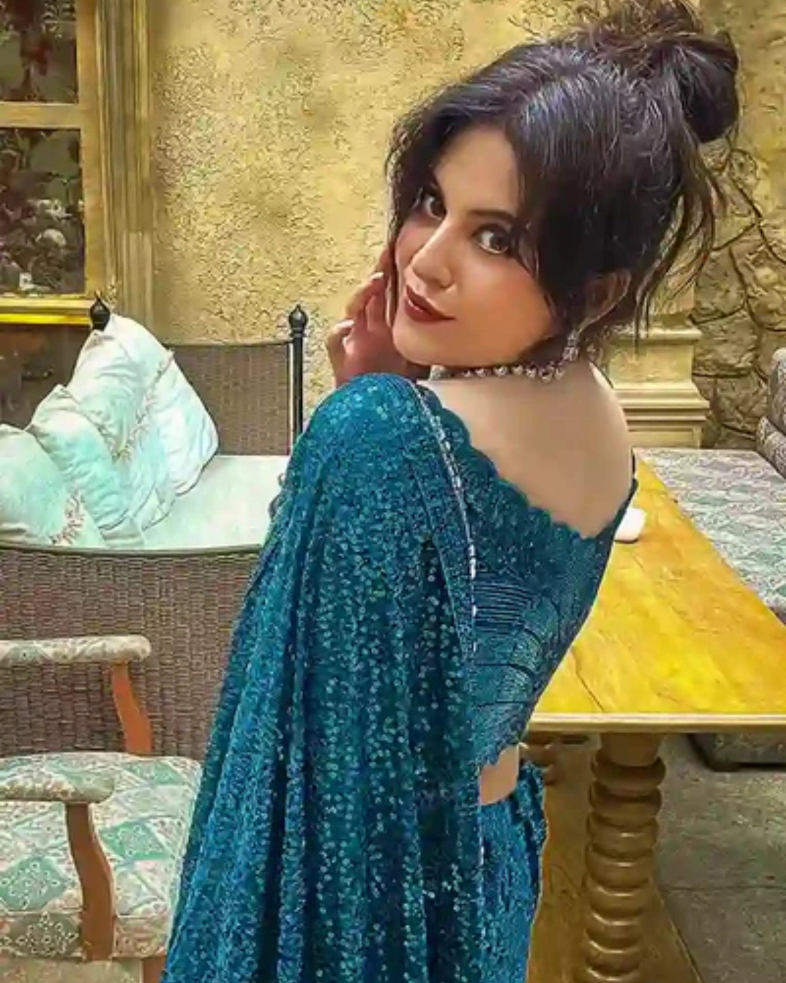 Peacock Green Georgette Saree with Sequin Work and Hand Embroidery