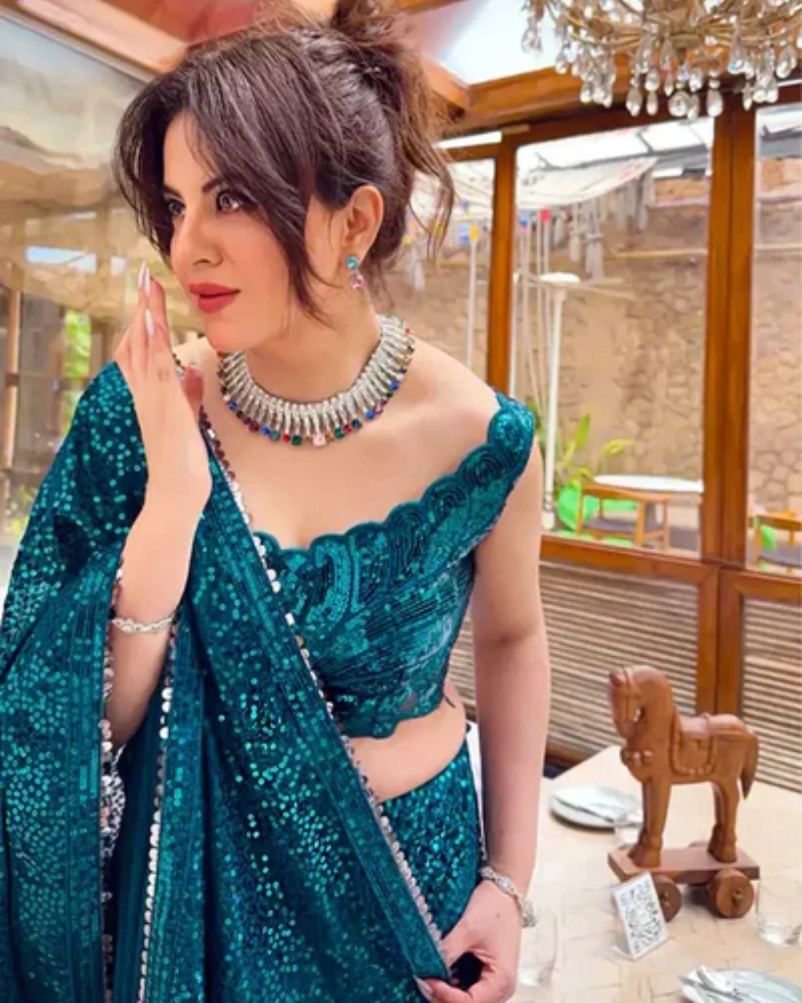 Peacock Green Georgette Saree with Sequin Work and Hand Embroidery