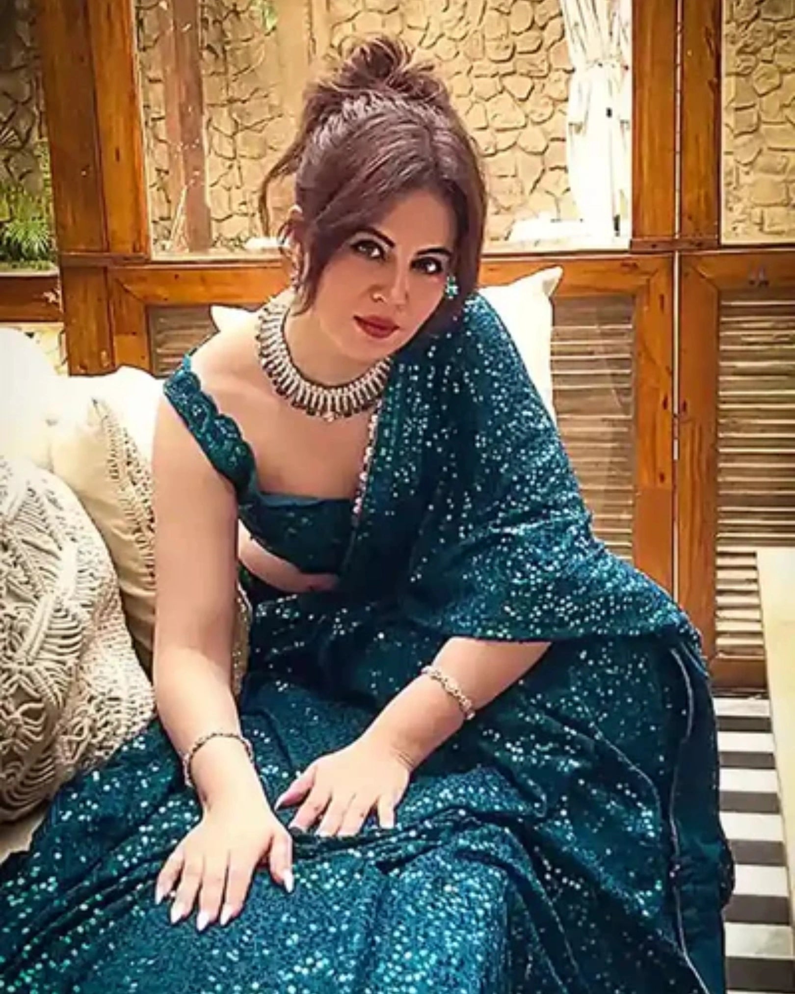 Peacock Green Georgette Saree with Sequin Work and Hand Embroidery