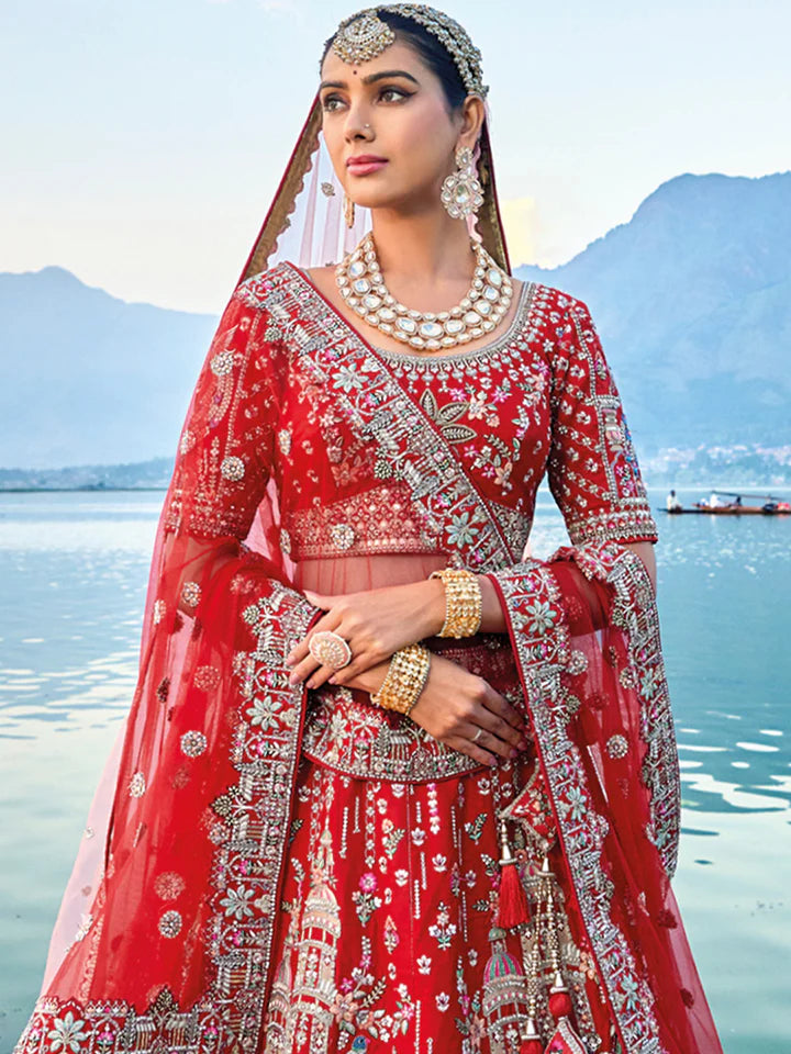 Red Bridal Silk Lehenga with Zari Thread embroidery Beads Sequins Mirror work