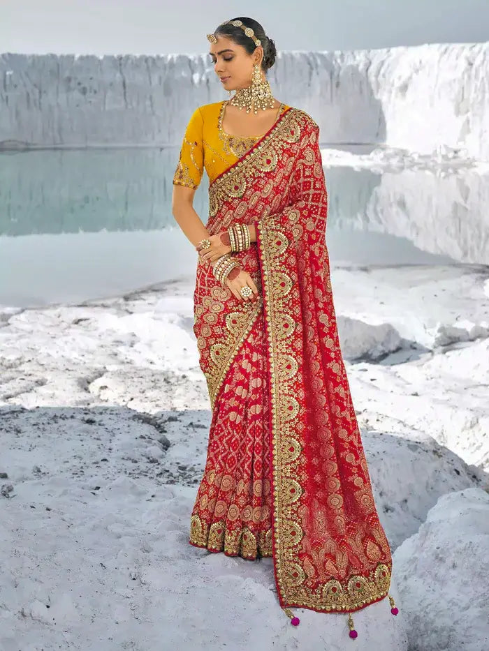 Red Bandhani Georgette Saree with Intricate Zari Embroidery & Yellow Embroidered Blouse