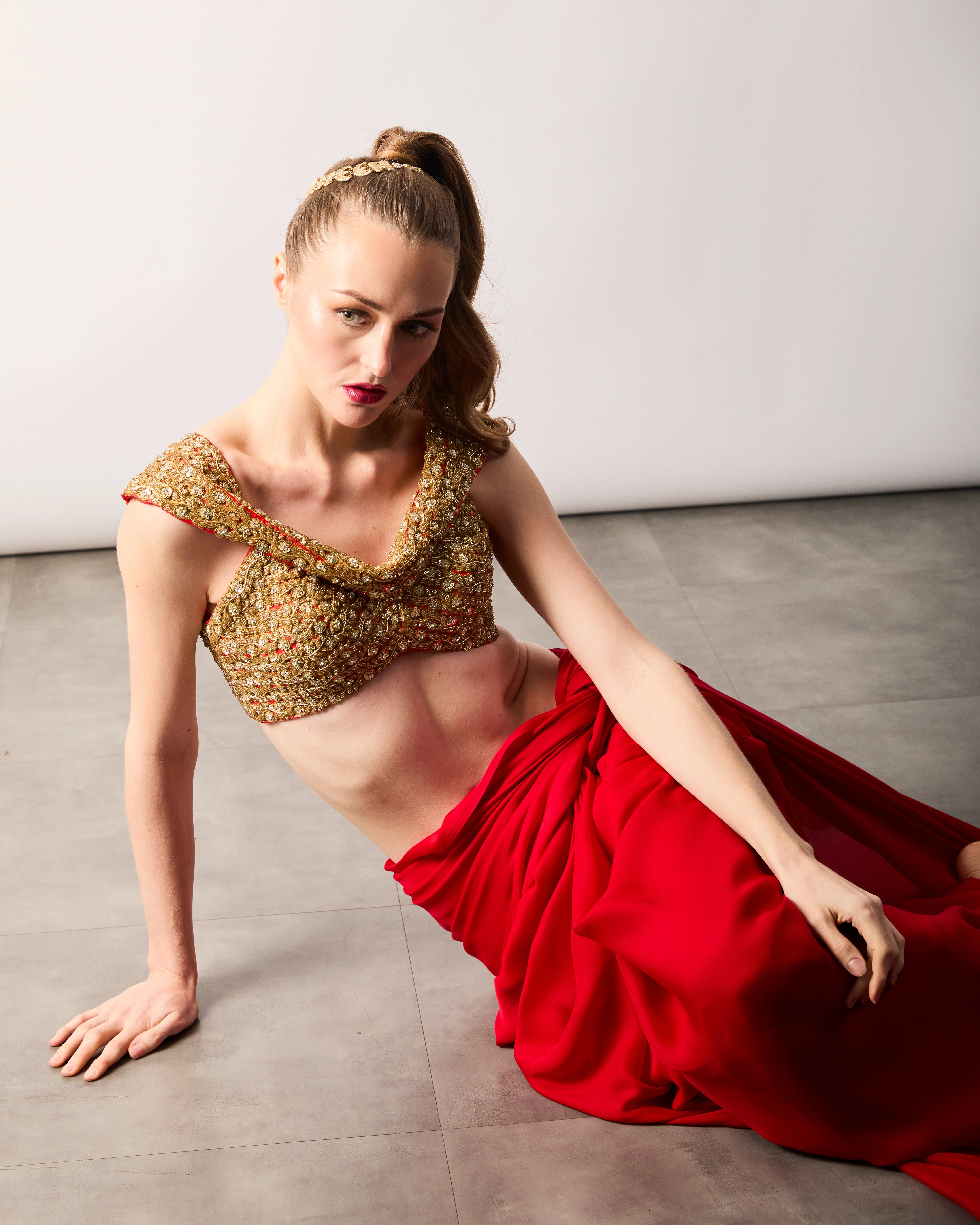 Red Semi Silk Saree Set with Gold Zari Sequin Blouse