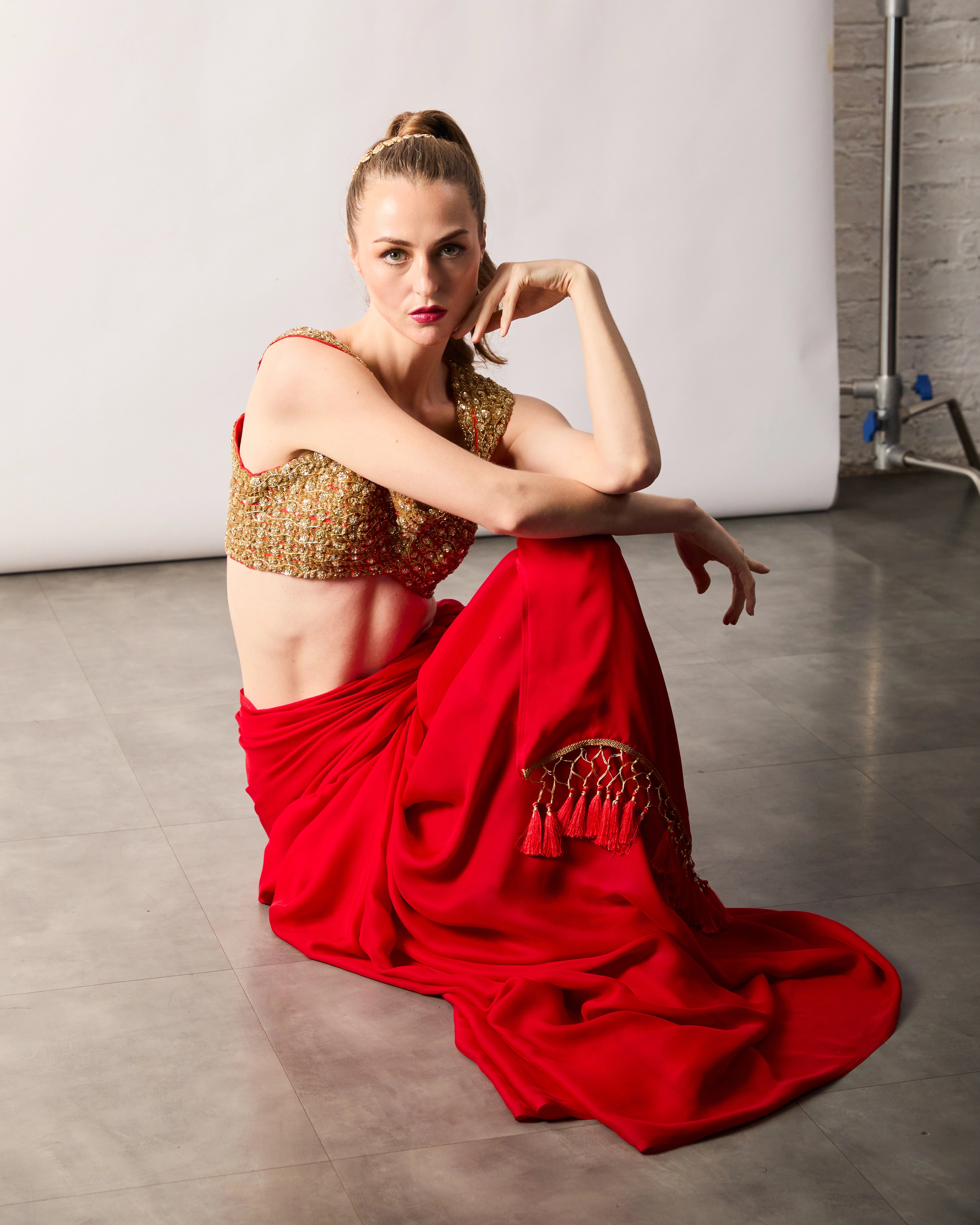 Red Semi Silk Saree Set with Gold Zari Sequin Blouse