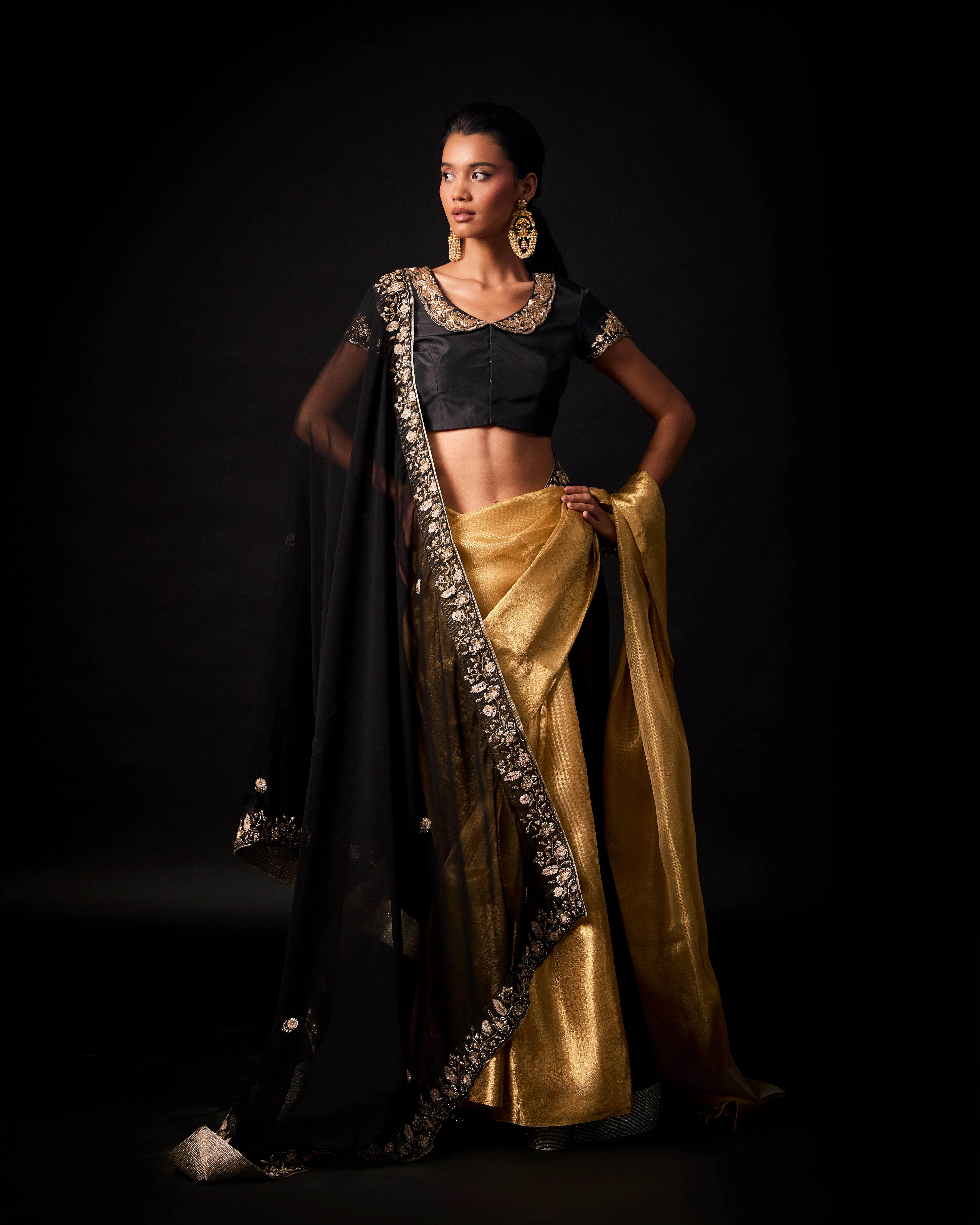 Black Silk Hand Embroidered Border Blouse with Floral Neckline and 3/4 Sleeves