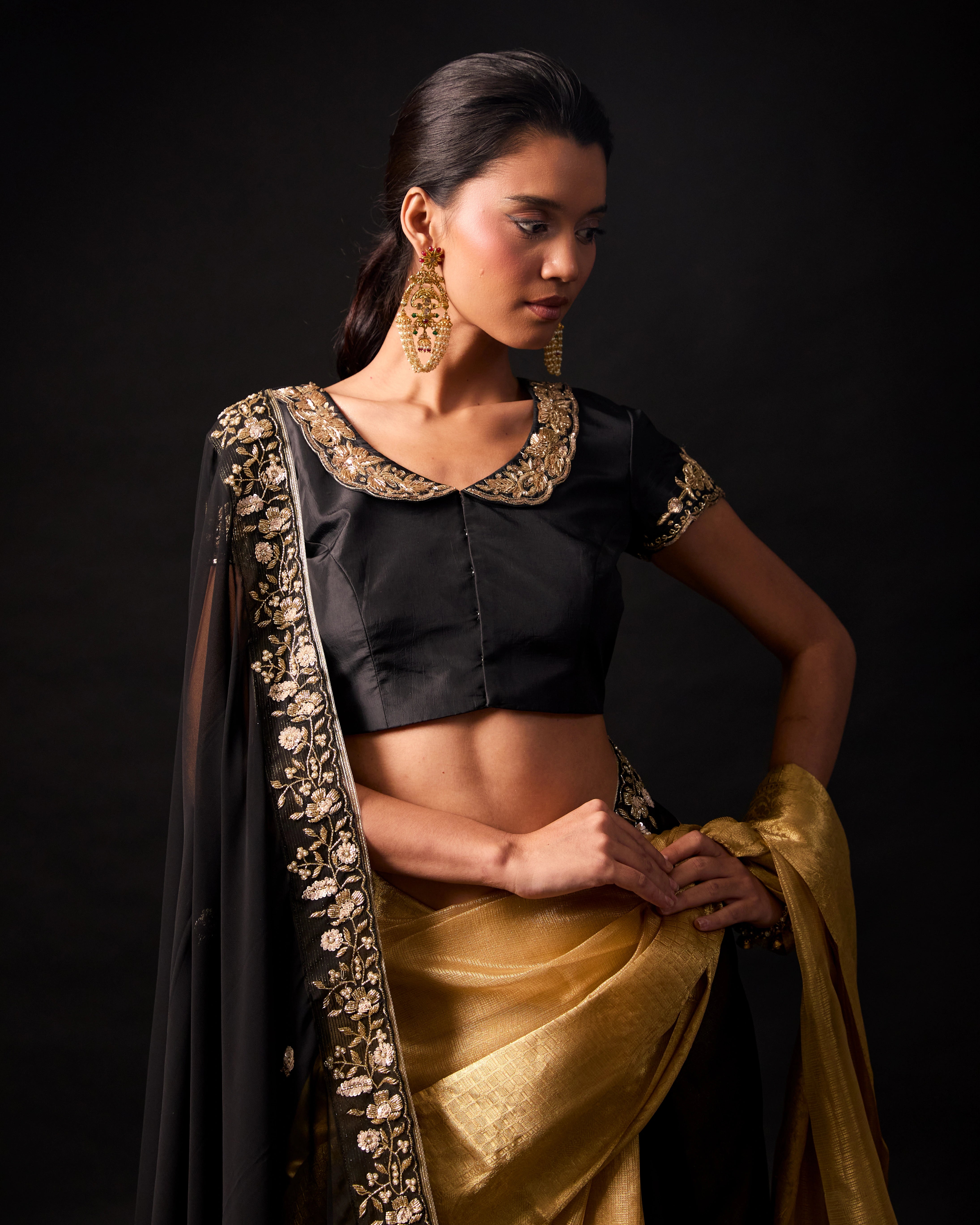 Black Silk Hand Embroidered Border Blouse with Floral Neckline and 3/4 Sleeves