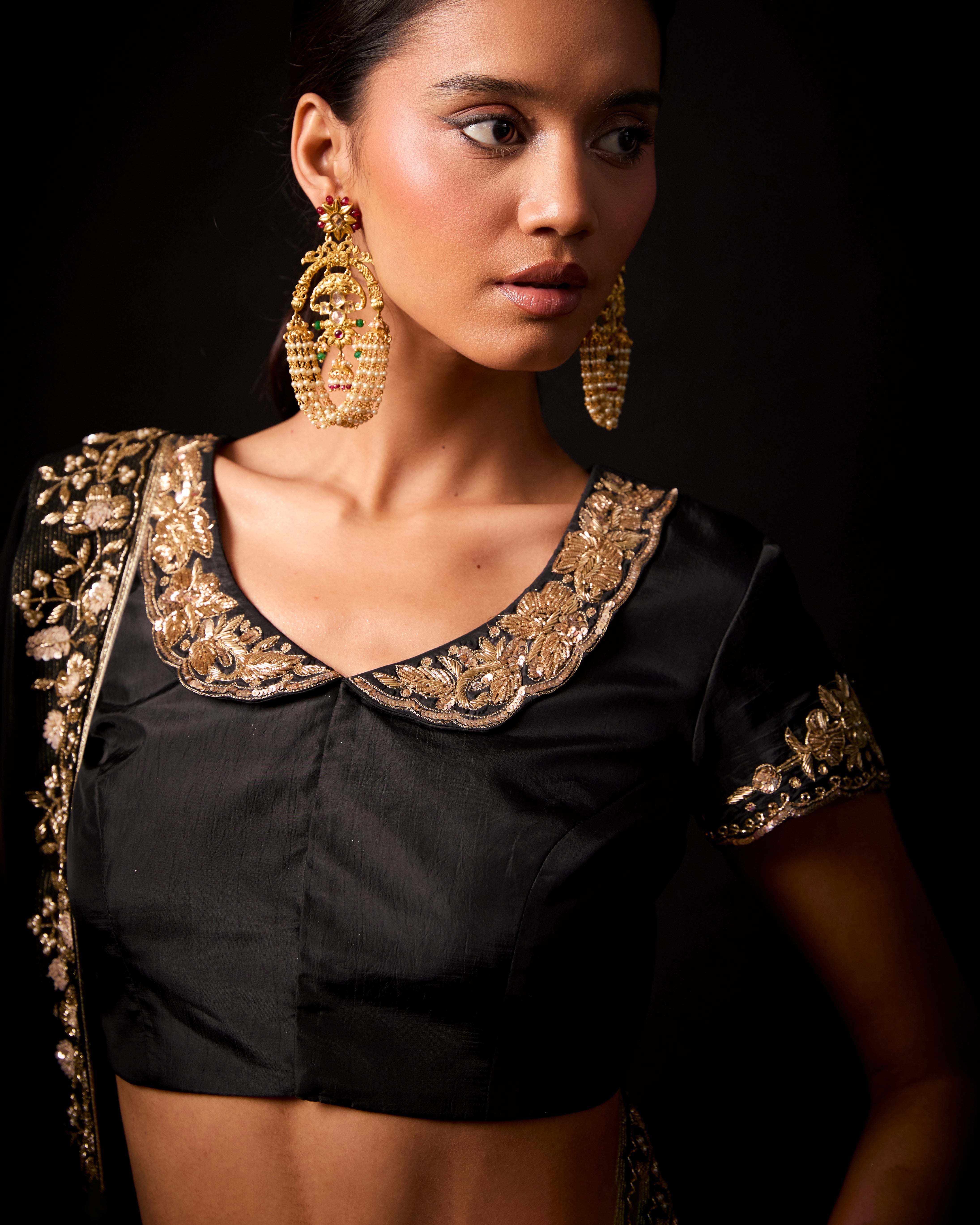 Black Silk Hand Embroidered Border Blouse with Floral Neckline and 3/4 Sleeves