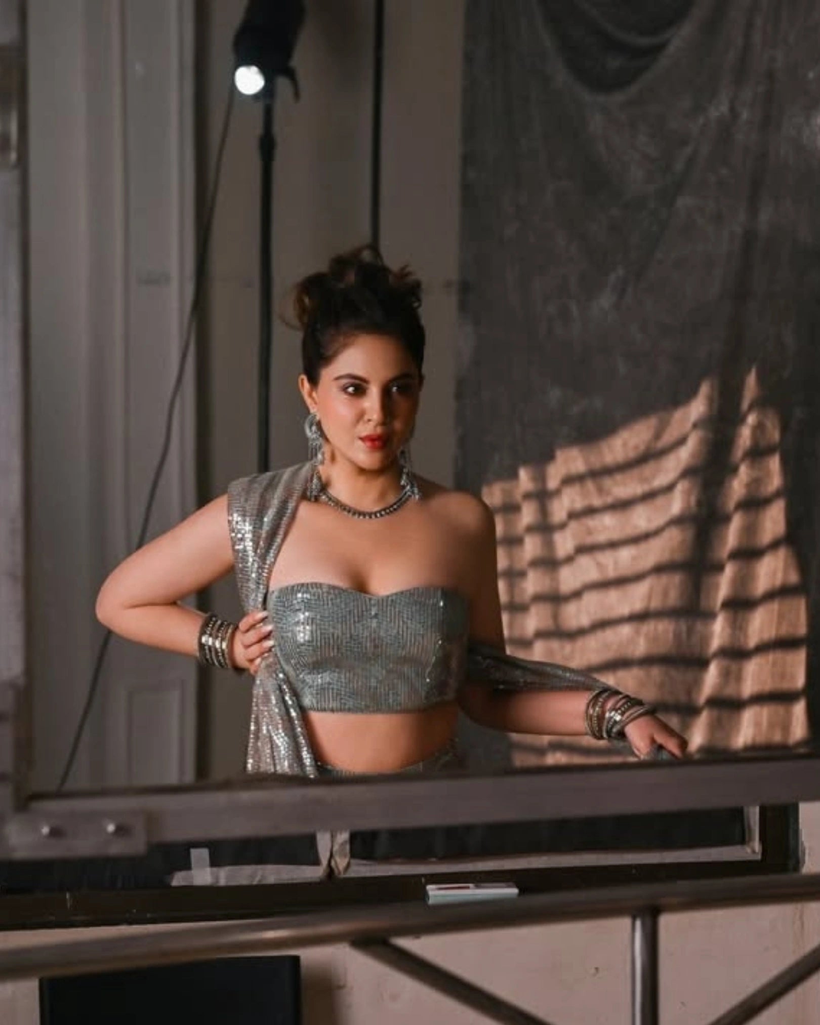 Silver Gold Georgette Saree with Pre-Draped Sequin Work and Matching Sequin Blouse