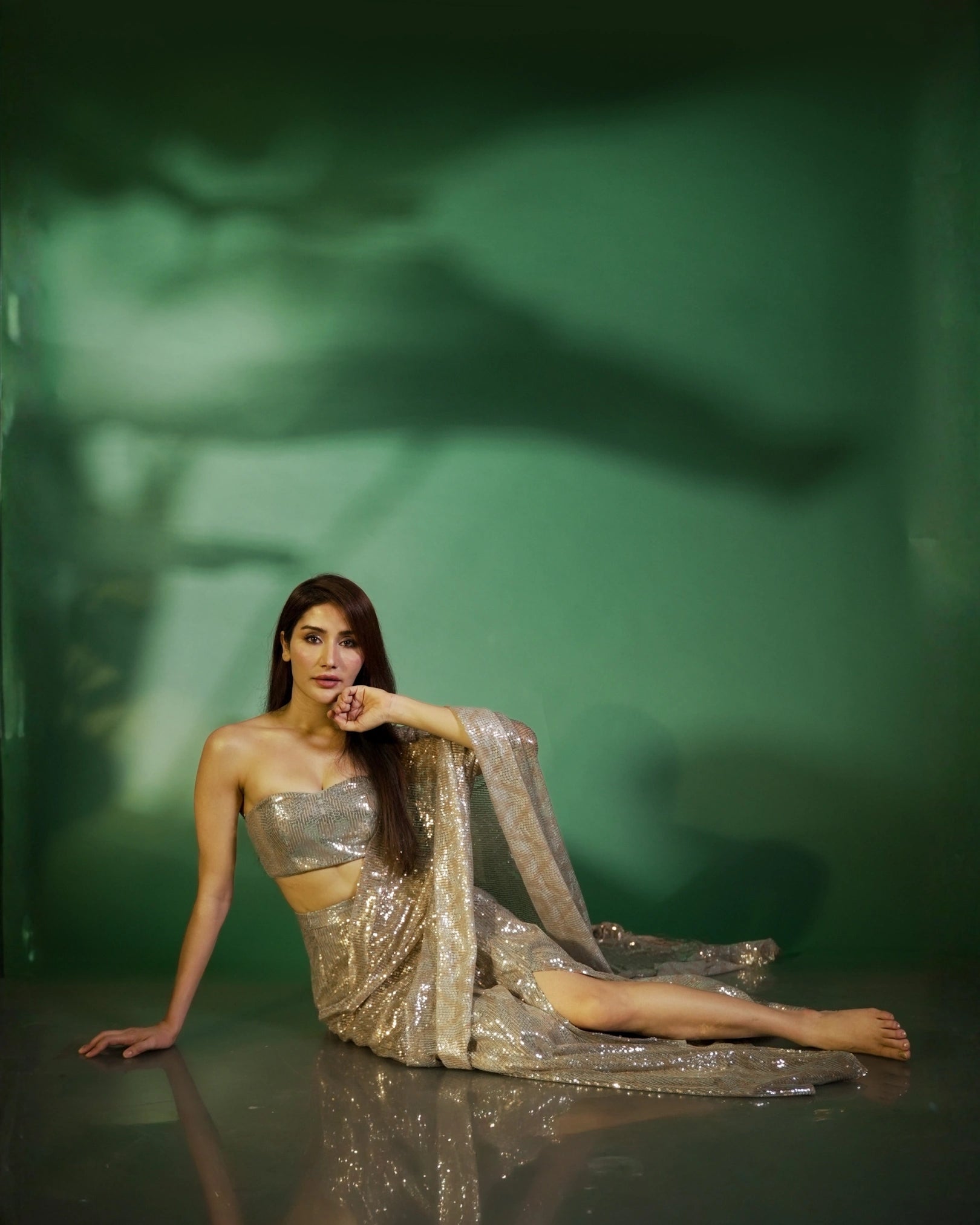 Silver Gold Georgette Saree with Pre-Draped Sequin Work and Matching Sequin Blouse