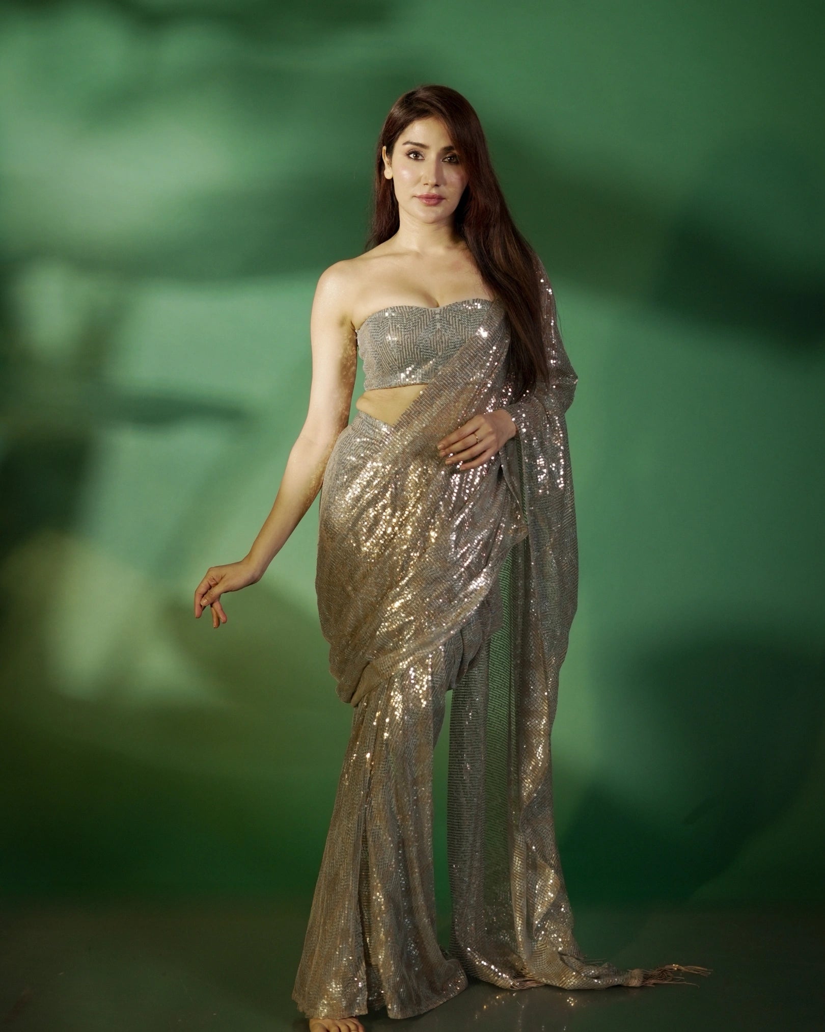 Silver Gold Georgette Saree with Pre-Draped Sequin Work and Matching Sequin Blouse