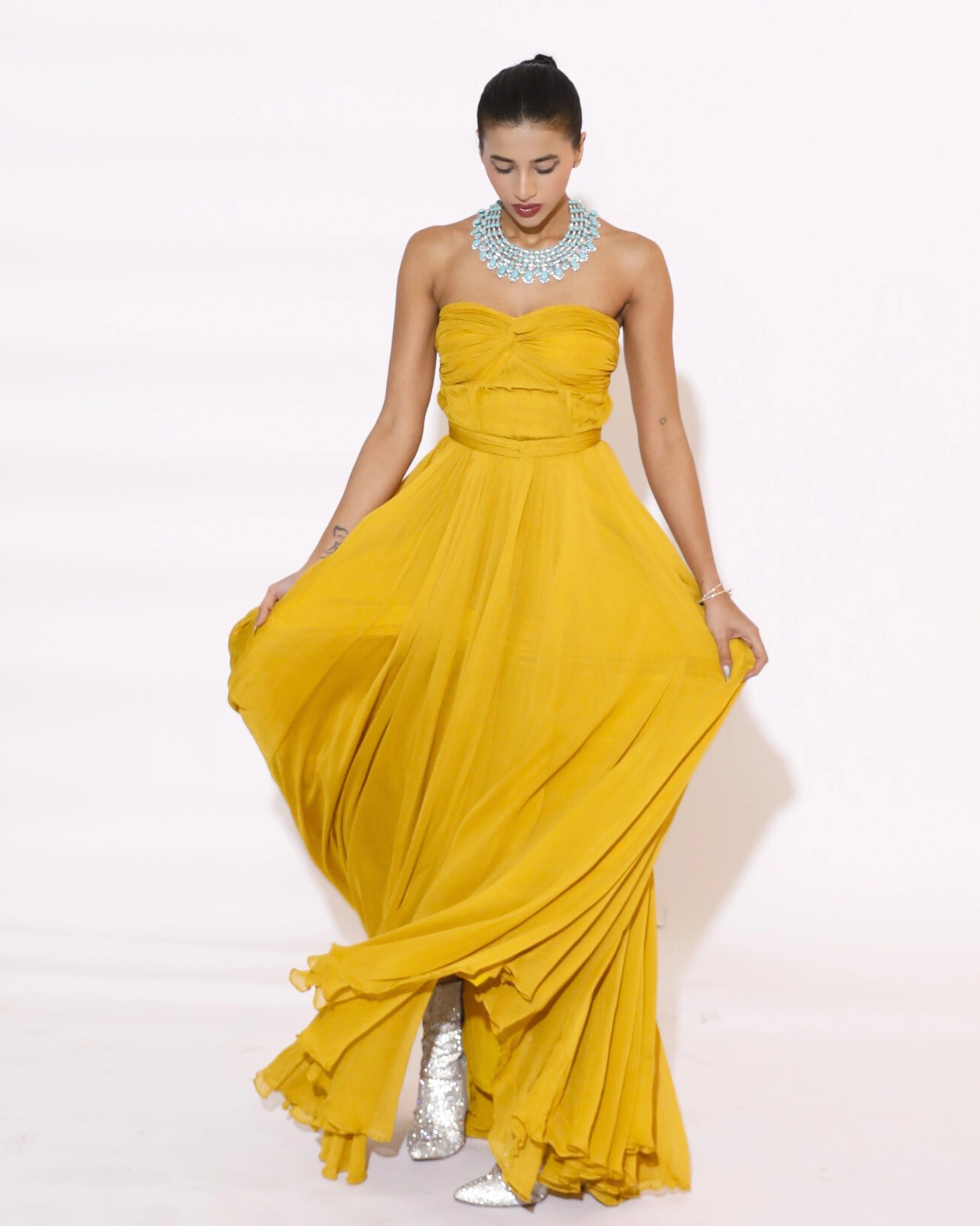 Yellow Georgette Flowing Strapless Gown with Strapless Bodice Dress