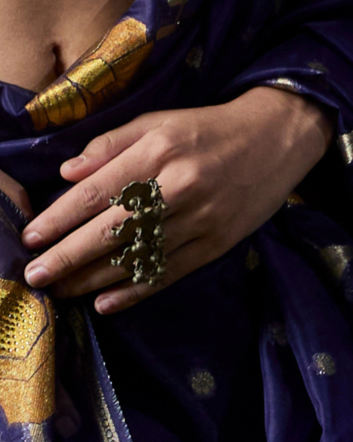 Royal Blue Silk Saree with Georgette Gold Motifs and Metallic Blouse