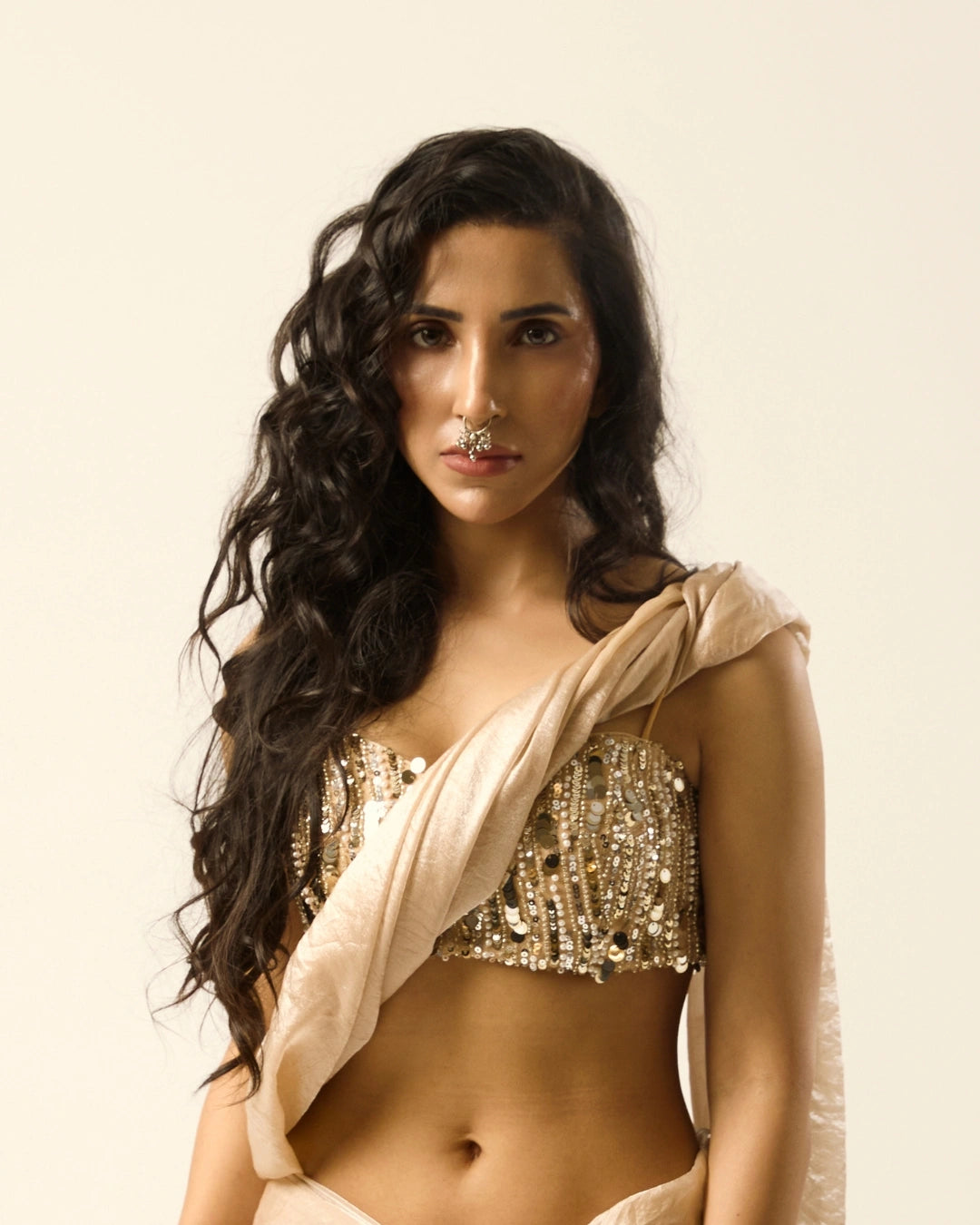 Ivory and Silver Hand-Embroidered Strapless Sequins Blouse