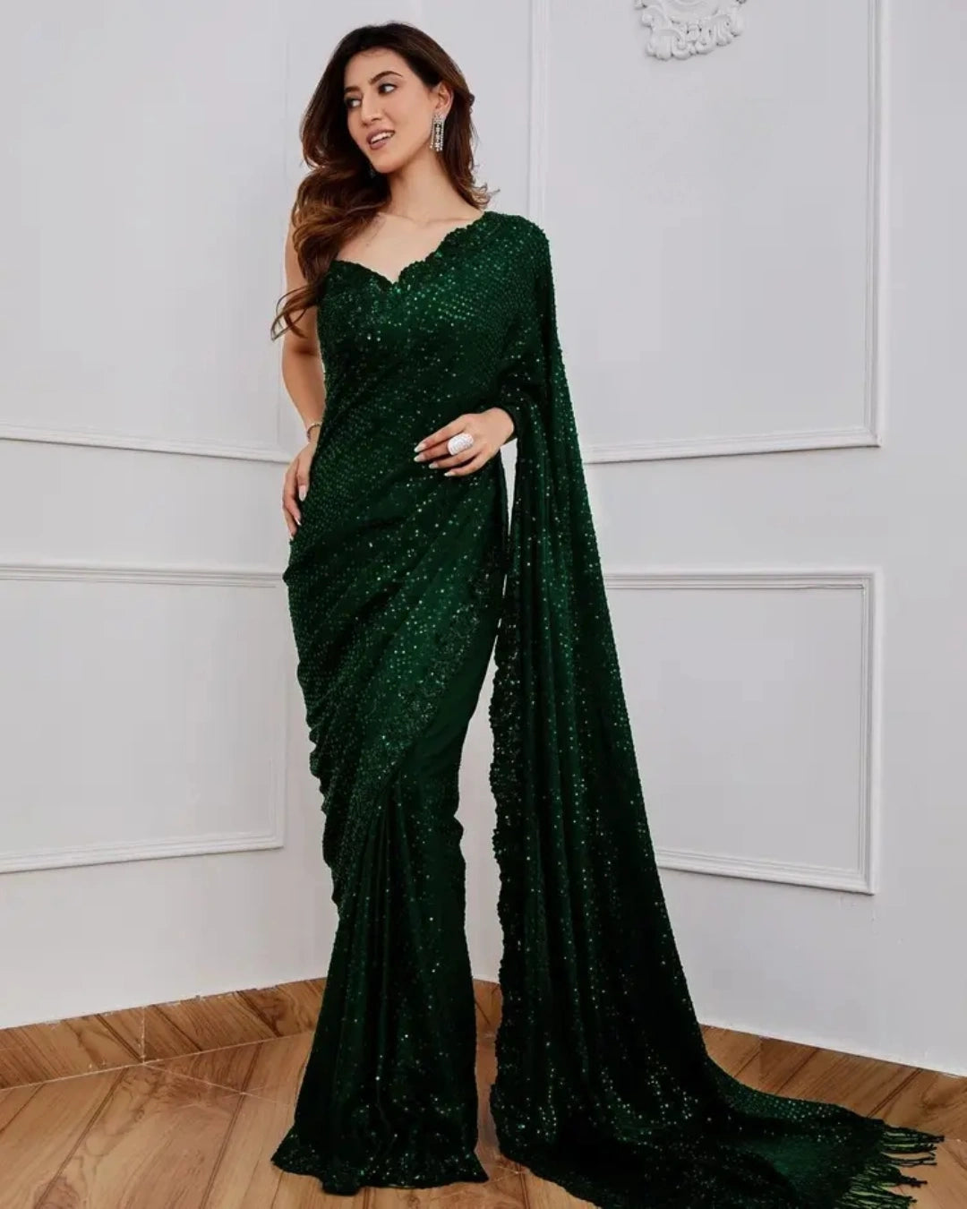 Bottle Green All-Over Sequin Saree with Feather-Like Thread Pallu Heavy Self Embroidery Border - Label Nonita