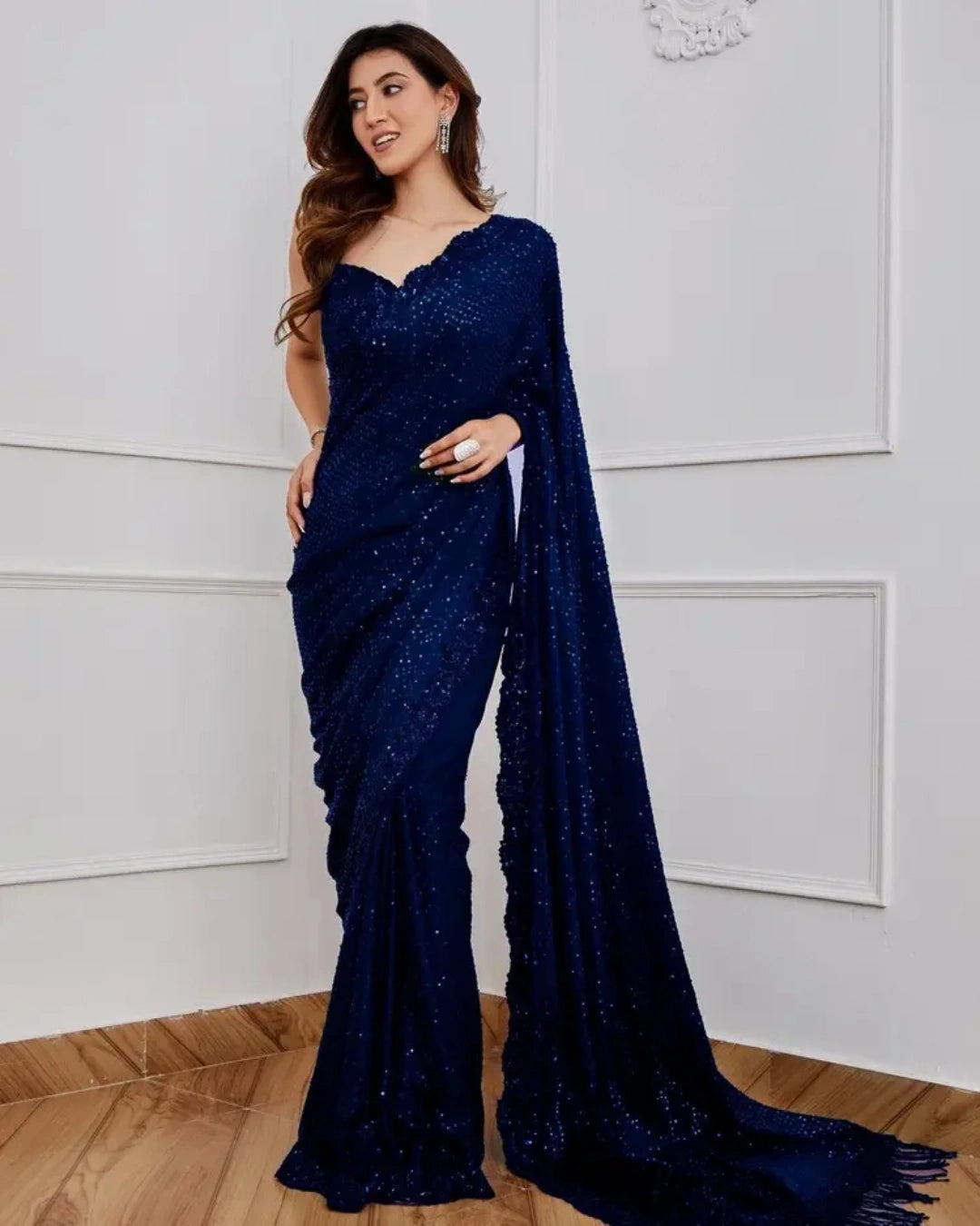 Blue All-Over Sequin Saree with Feather-Like Thread Pallu Heavy Self Embroidery Border - Label Nonita