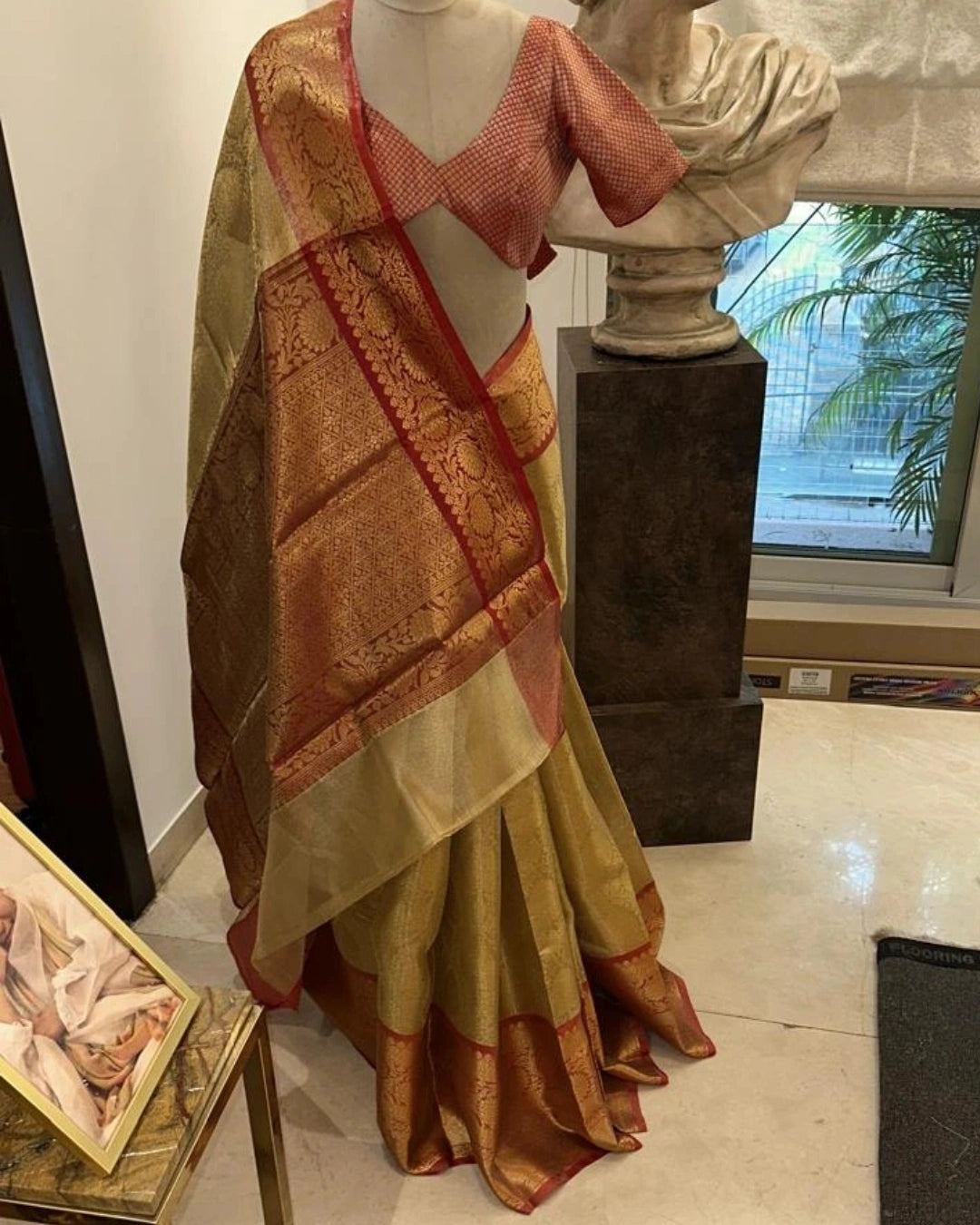 Gold Pure Banarasi Silk Saree with Maroon Zari Border Design and Maroon Hand-Embroidered Blouse