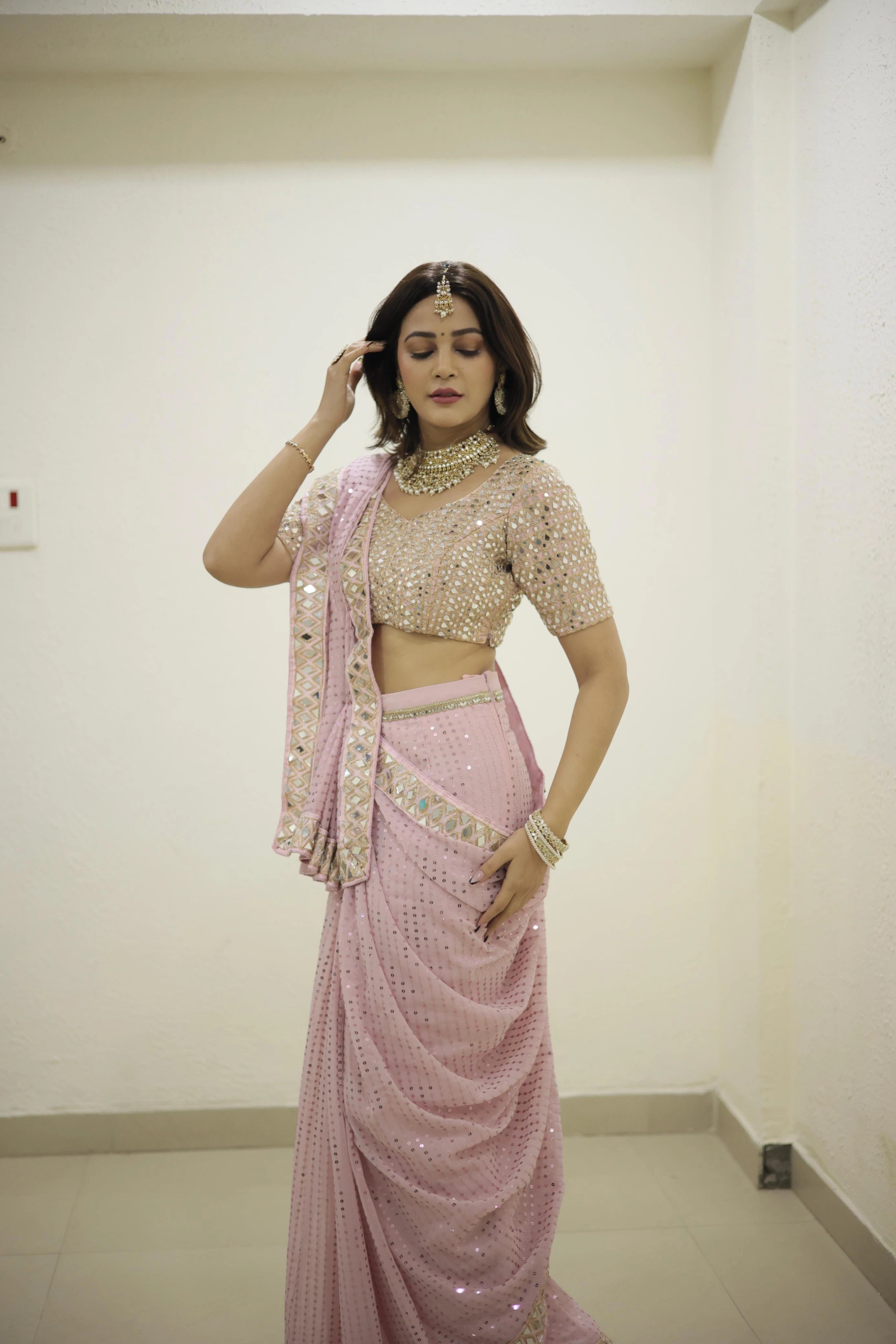 Pink Sequin Georgette Saree with Mirror Embroidery Work and Matching Mirror Sequin Blouse