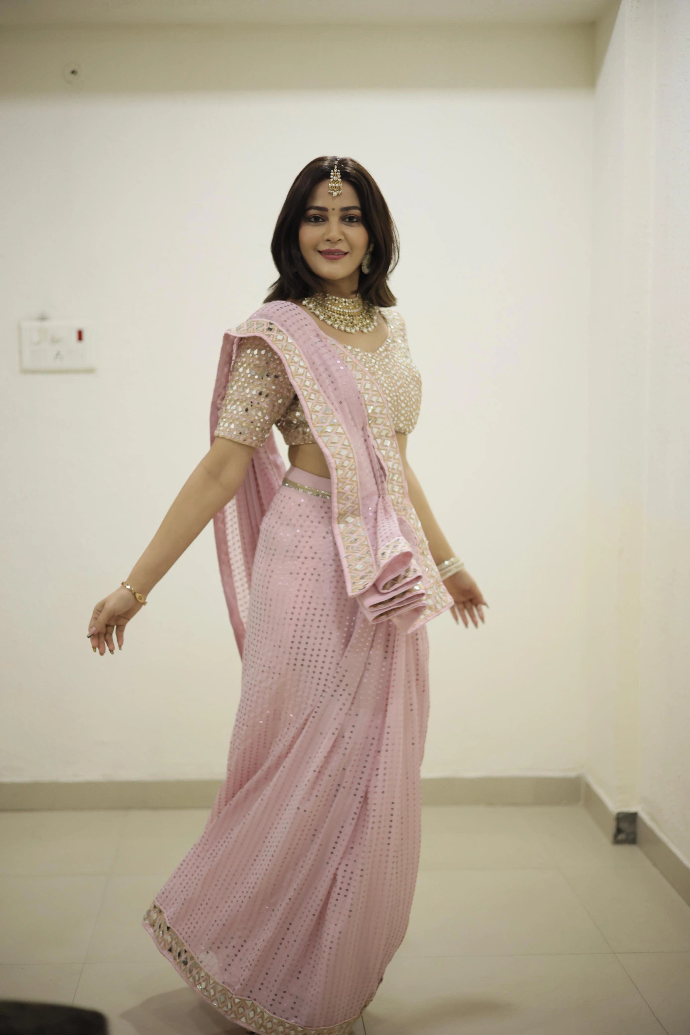 Pink Sequin Georgette Saree with Mirror Embroidery Work and Matching Mirror Sequin Blouse