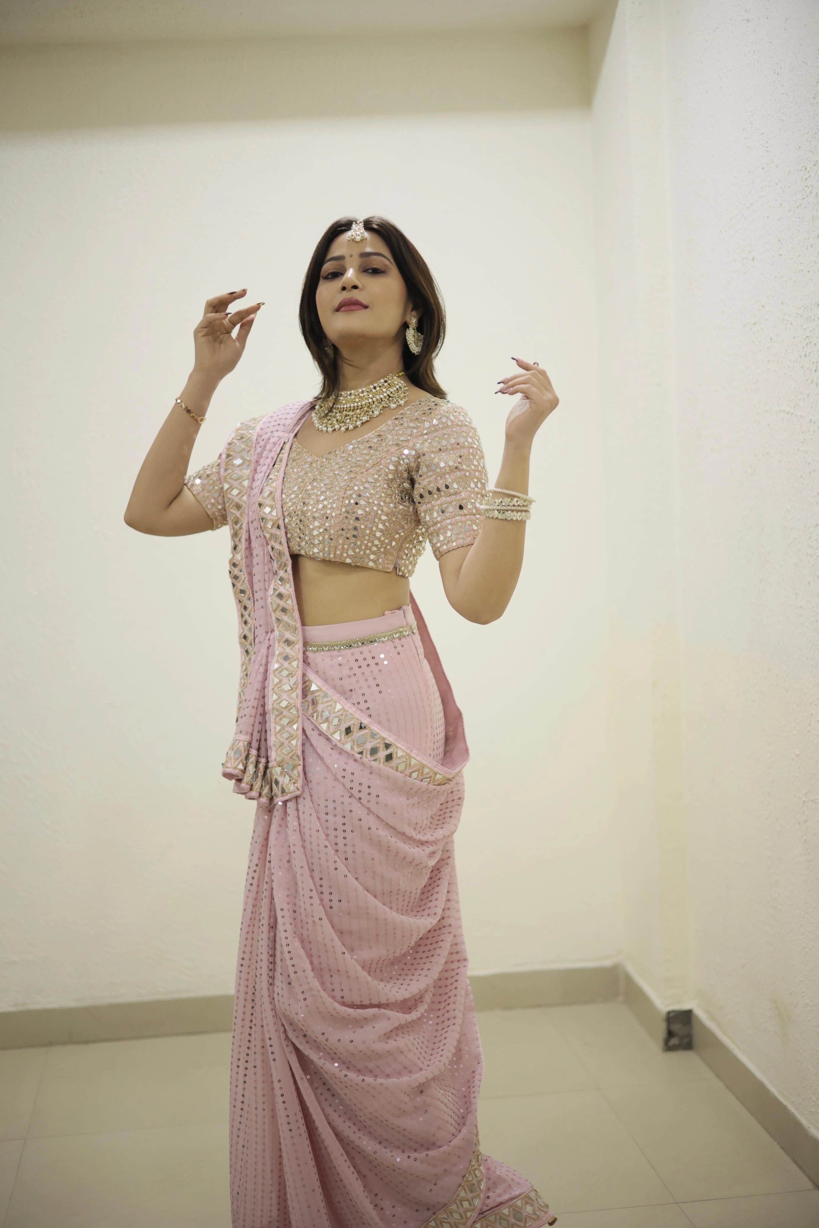 Pink Sequin Georgette Saree with Mirror Embroidery Work and Matching Mirror Sequin Blouse