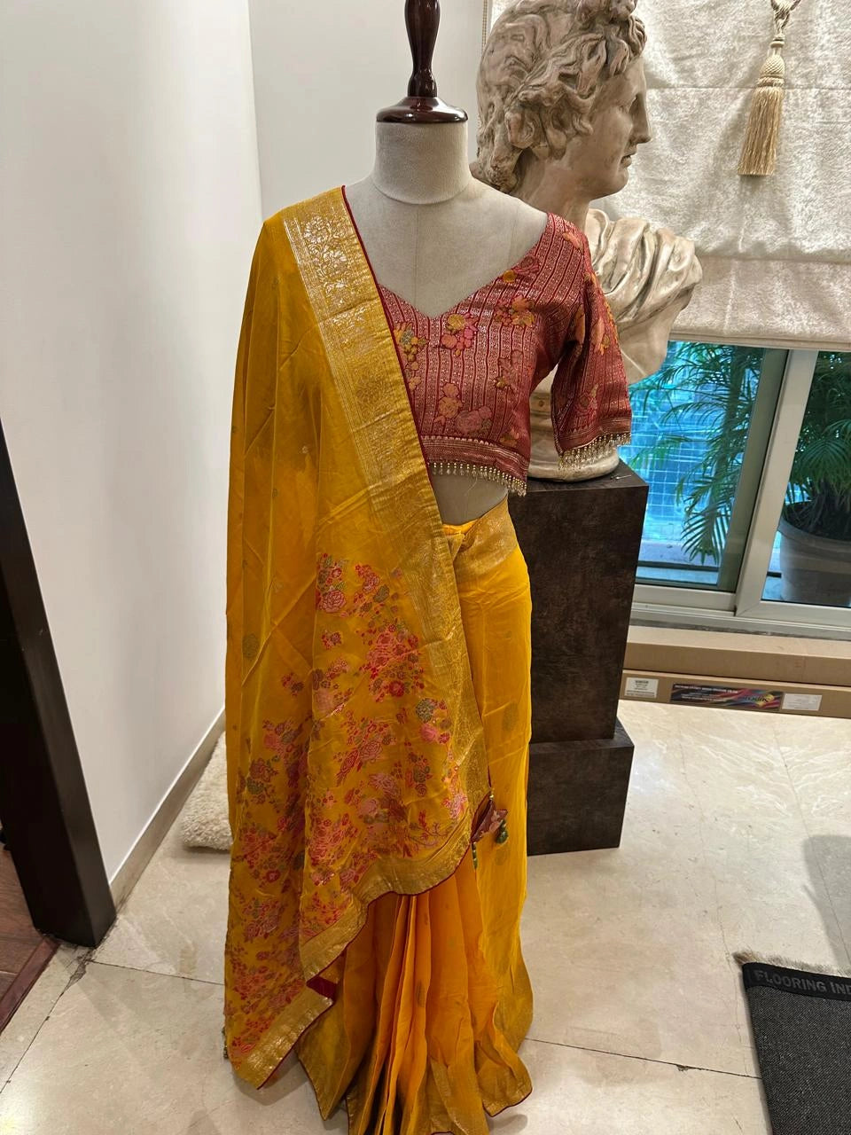 Yellow Pure Banarasi Silk Saree with All-Over Floral Zari Design and Maroon Hand-Embroidered Zari Blouse