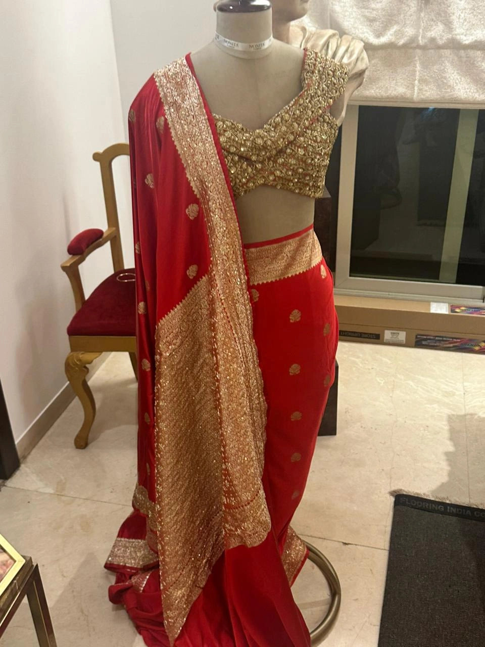 Red Pure Banarasi Silk Saree with All-Over Floral Design and Hand-Embroidered Mirror and Zardosi Blouse