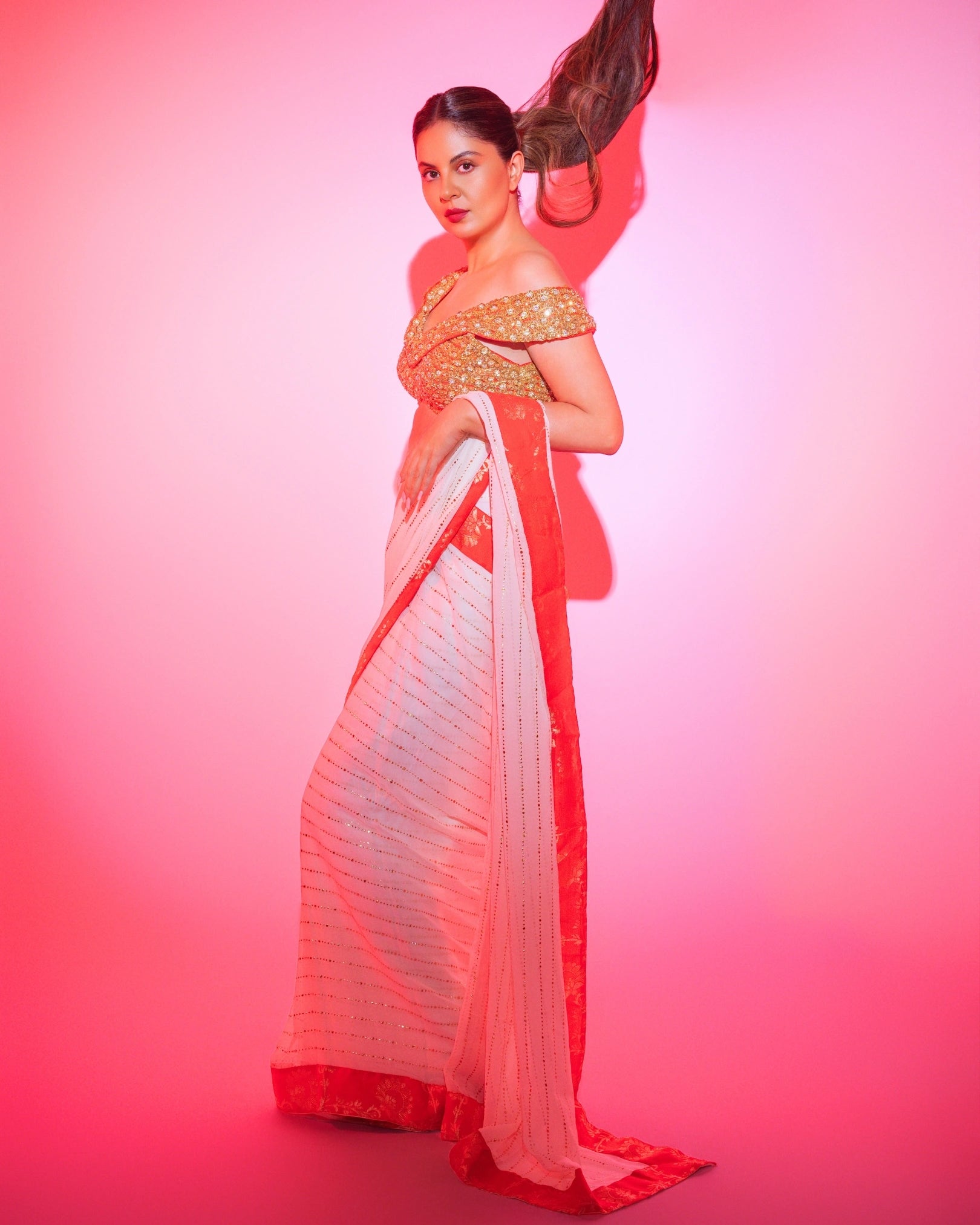 White Georgette Pre-Draped Saree with Red Banarasi Border and Fully Hand Embroidered Blouse