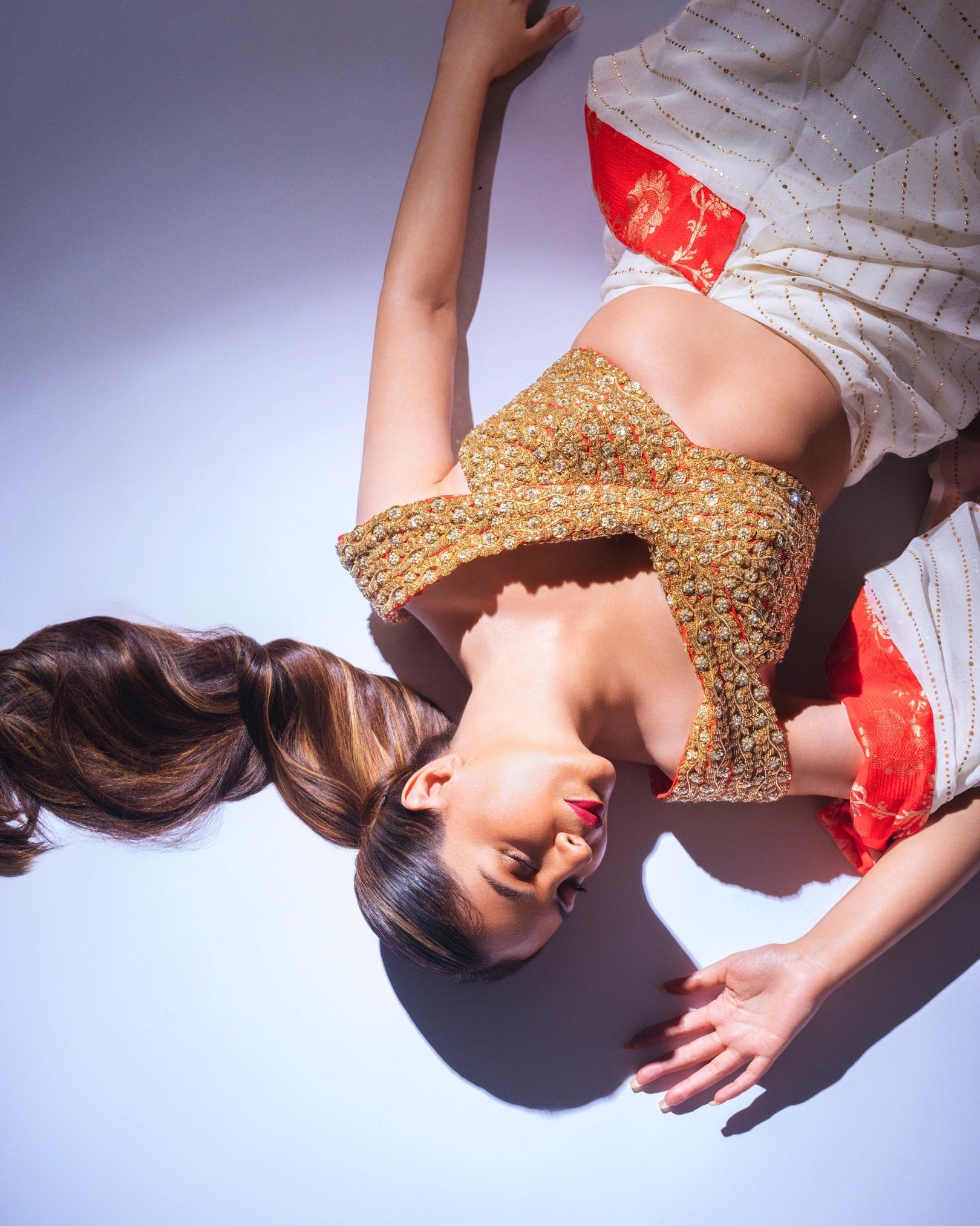 White Georgette Pre-Draped Saree with Red Banarasi Border and Fully Hand Embroidered Blouse