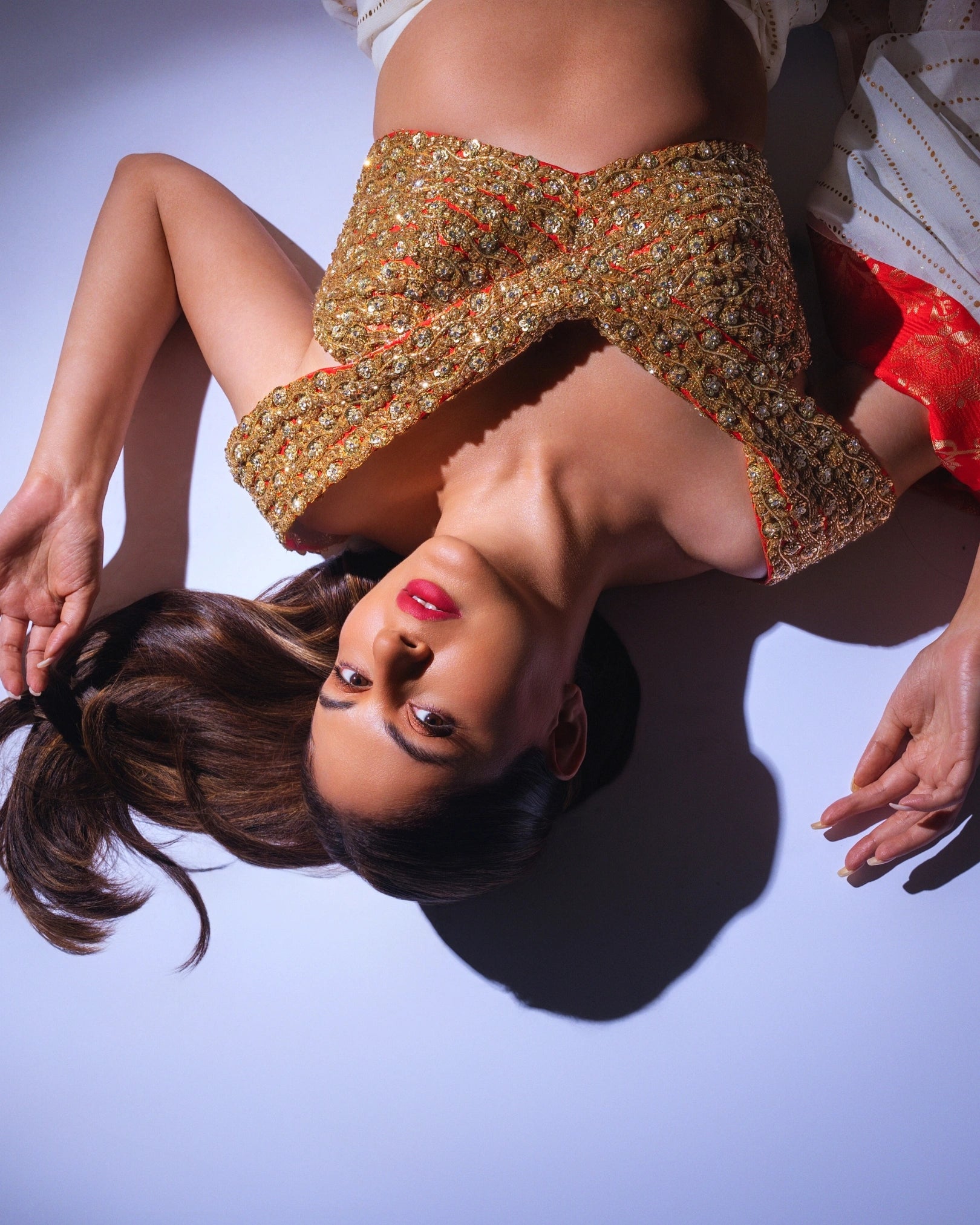 White Georgette Pre-Draped Saree with Red Banarasi Border and Fully Hand Embroidered Blouse