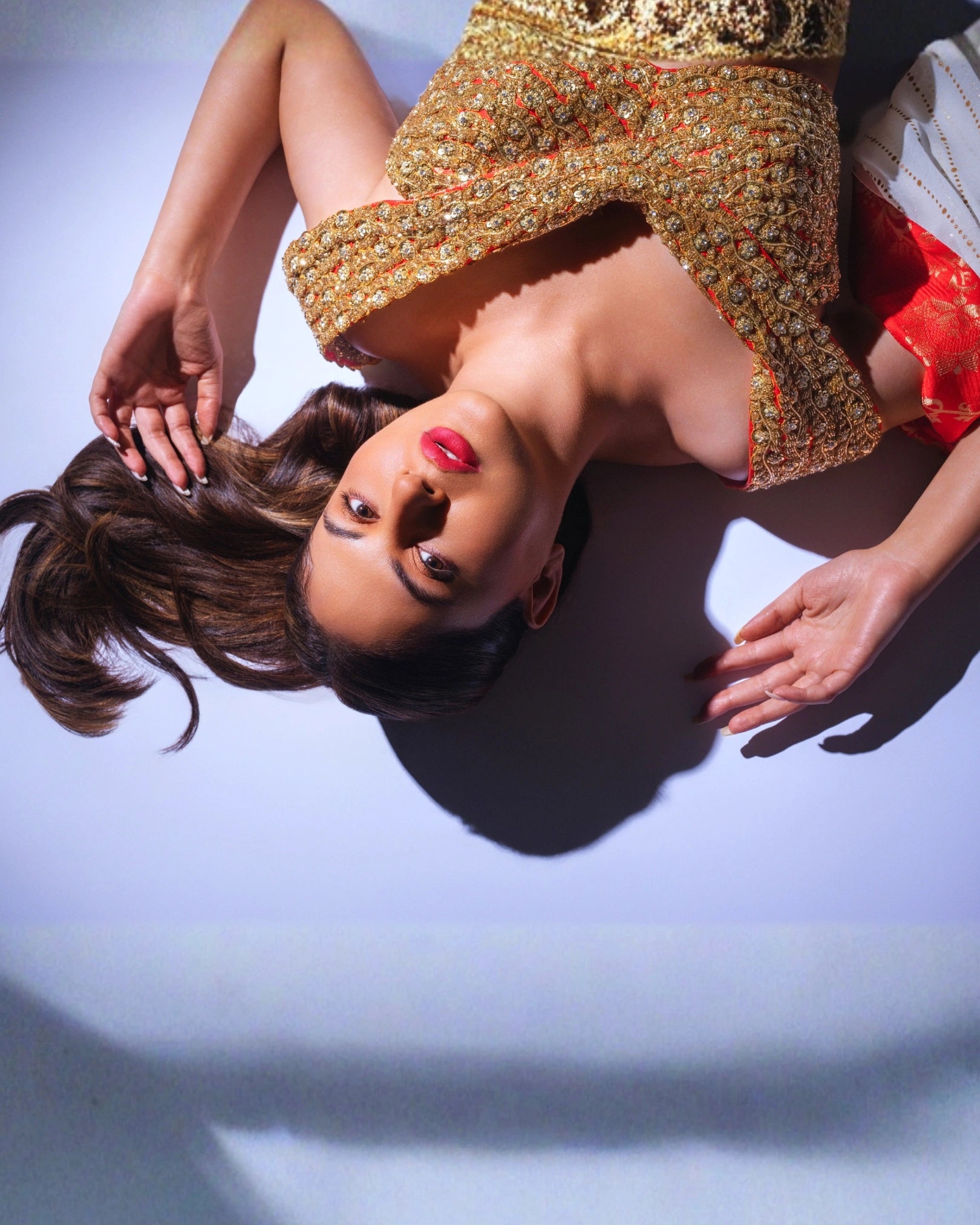 White Georgette Pre-Draped Saree with Red Banarasi Border and Fully Hand Embroidered Blouse