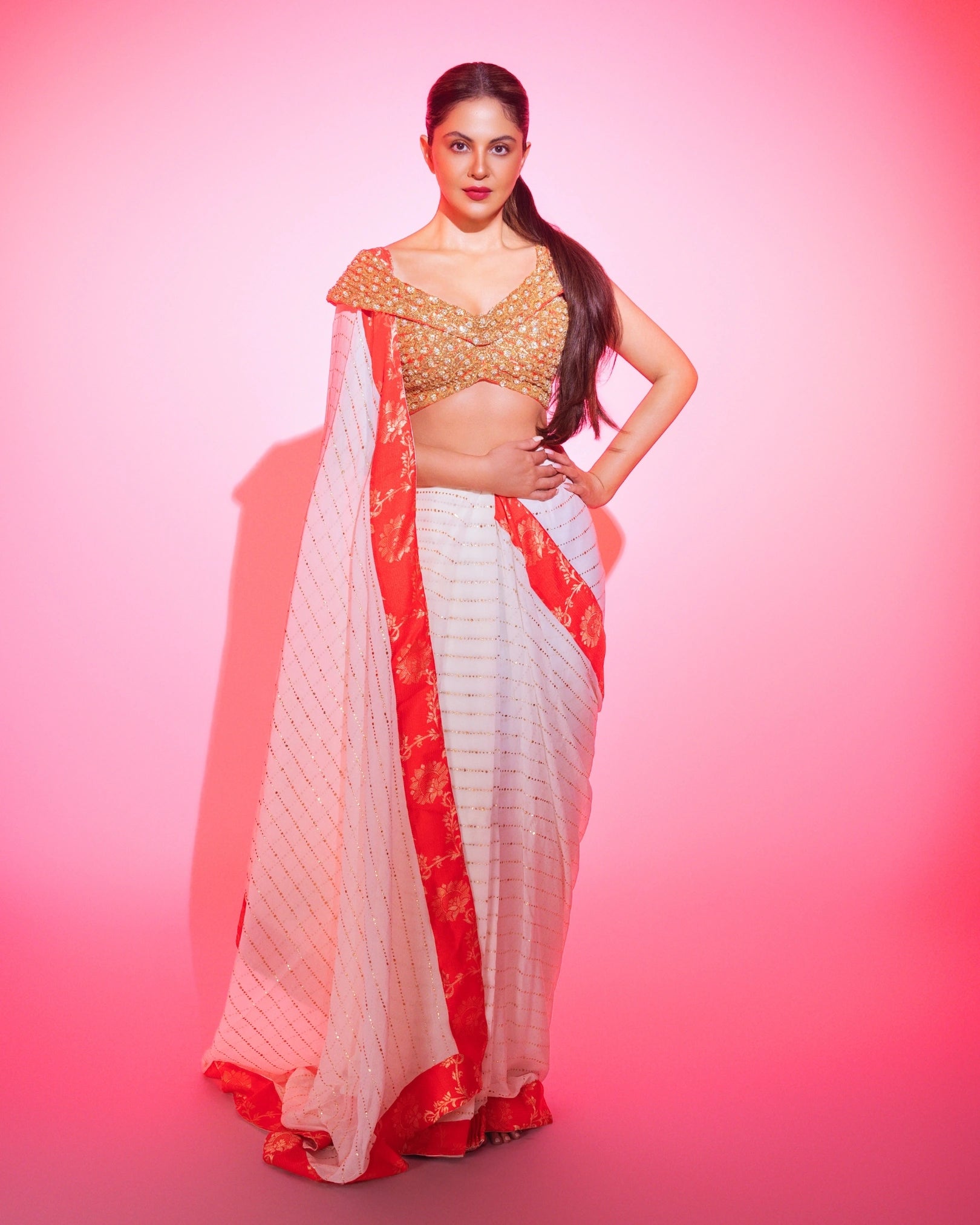 White Georgette Pre-Draped Saree with Red Banarasi Border and Fully Hand Embroidered Blouse