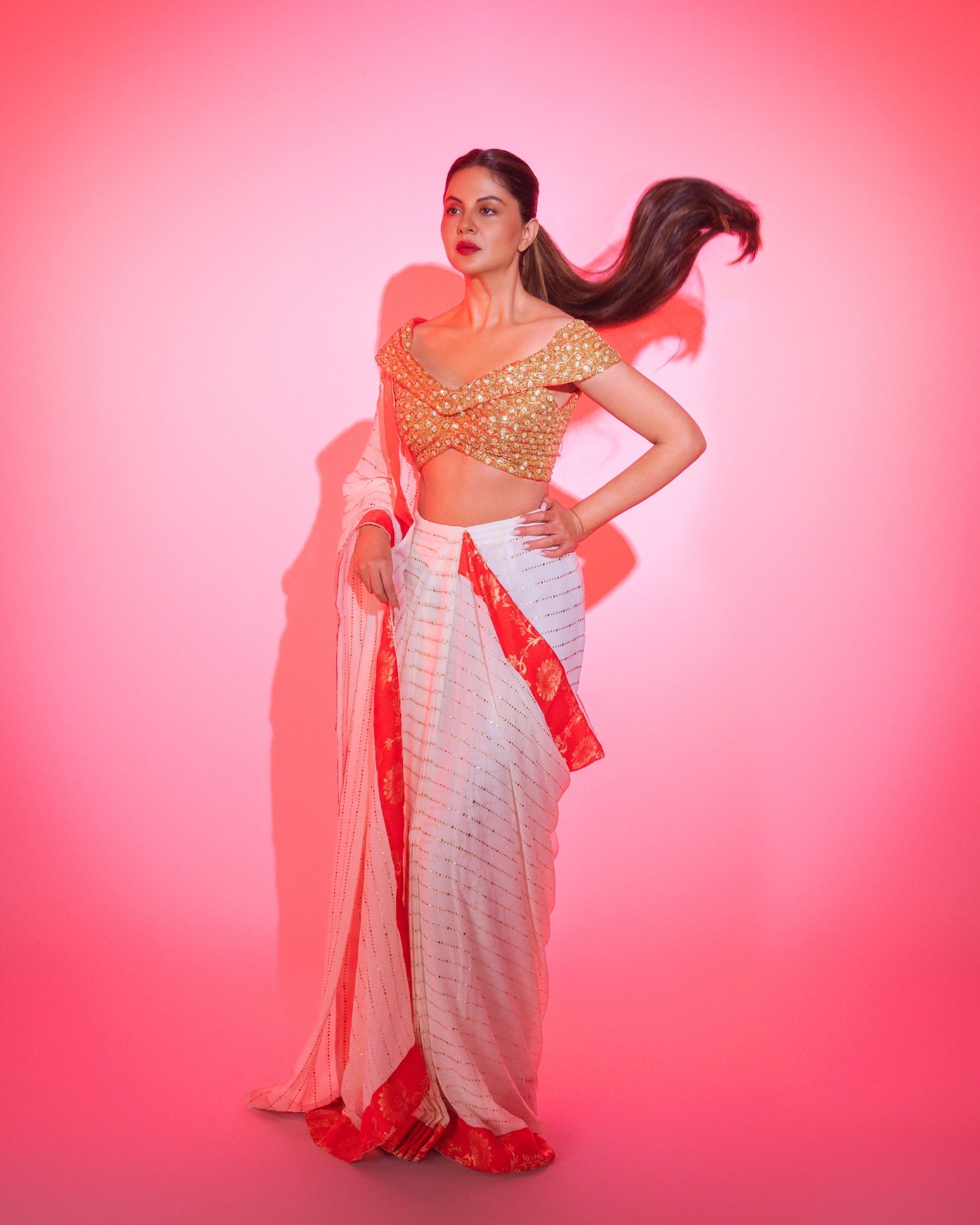 White Georgette Pre-Draped Saree with Red Banarasi Border and Fully Hand Embroidered Blouse