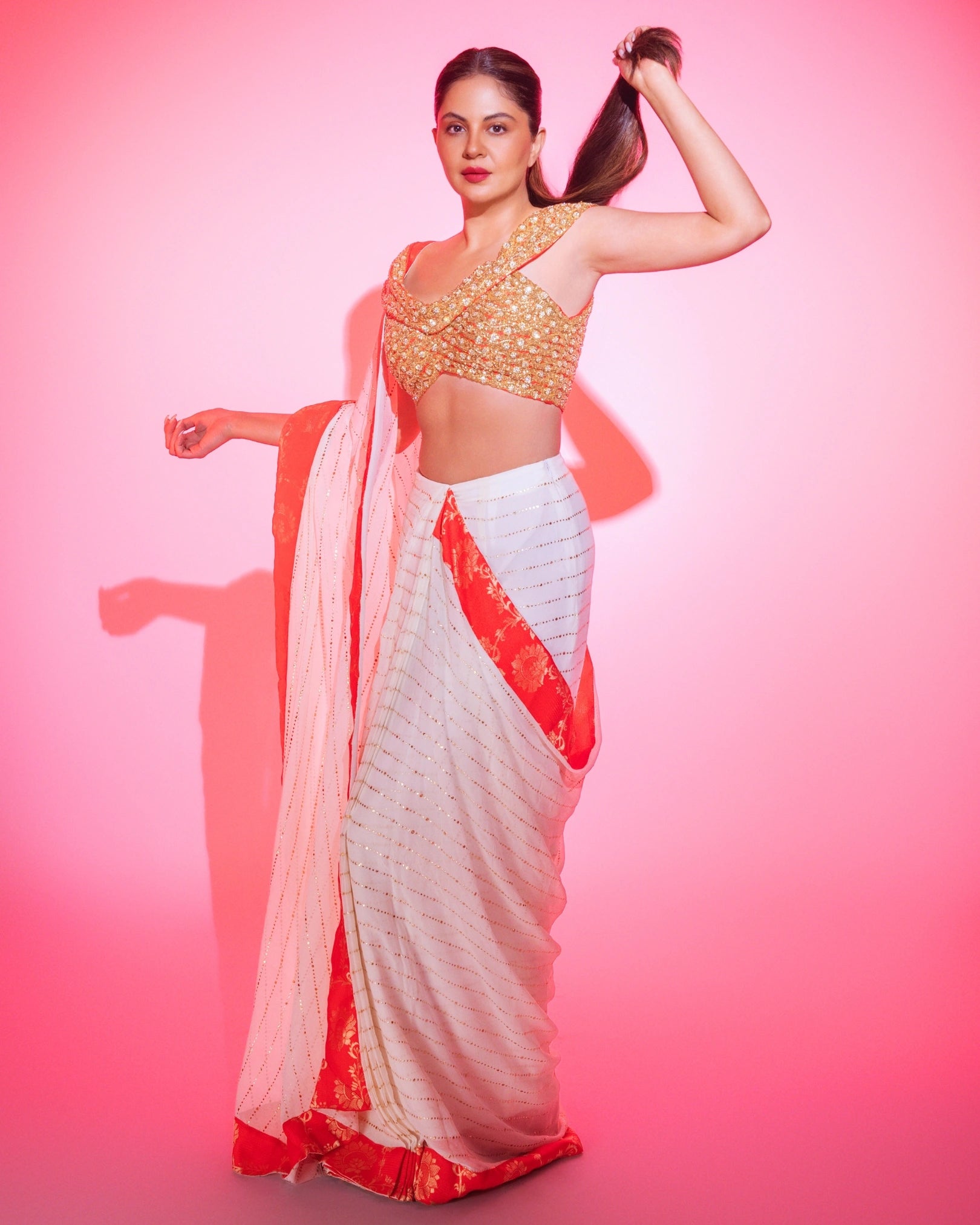 White Georgette Pre-Draped Saree with Red Banarasi Border and Fully Hand Embroidered Blouse