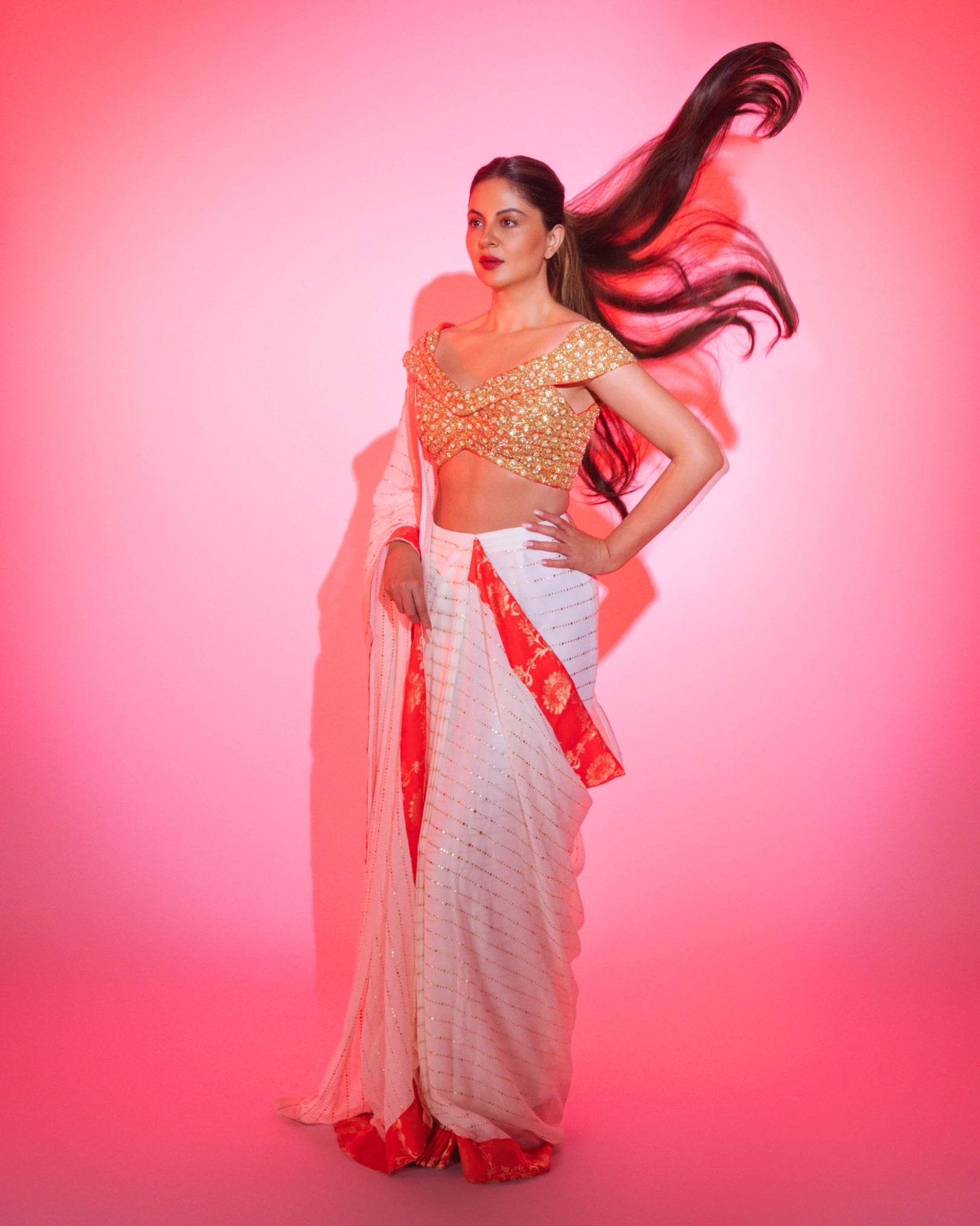 White Georgette Pre-Draped Saree with Red Banarasi Border and Fully Hand Embroidered Blouse