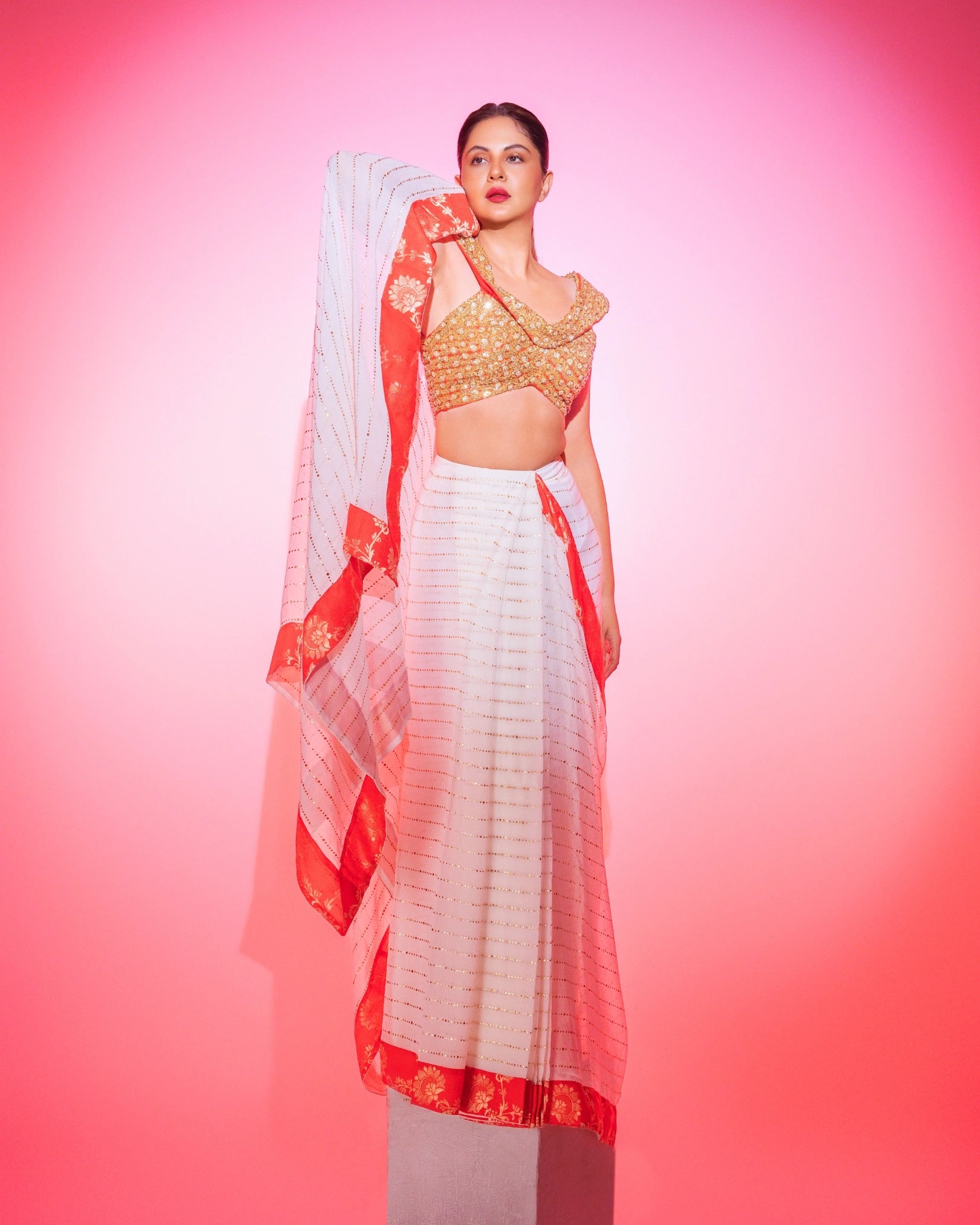White Georgette Pre-Draped Saree with Red Banarasi Border and Fully Hand Embroidered Blouse