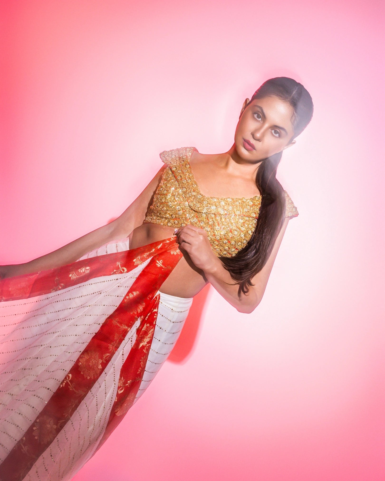 White Georgette Pre-Draped Saree with Red Banarasi Border and Fully Hand Embroidered Blouse