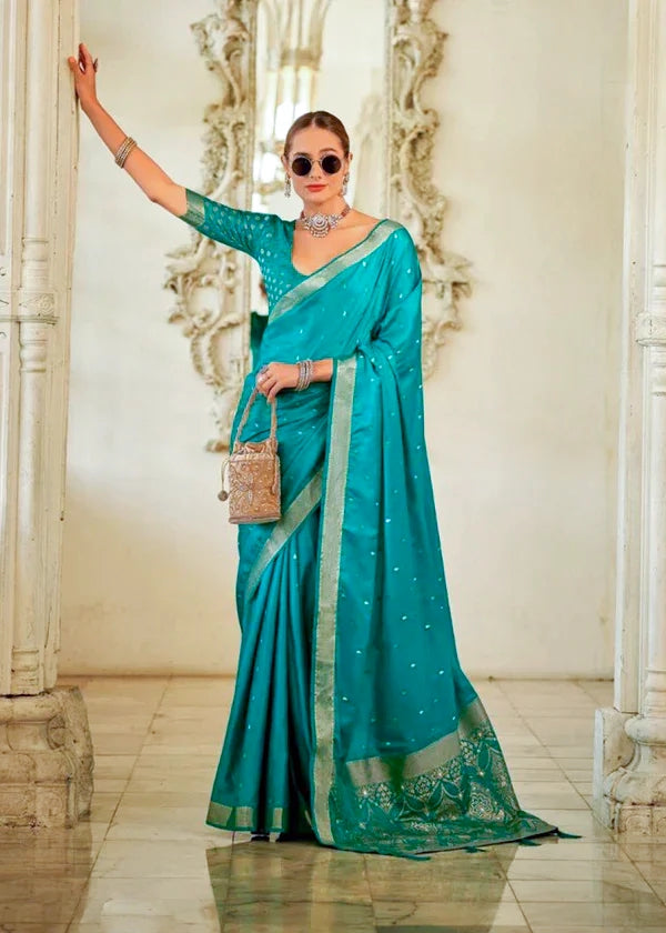 Blue Banarasi Silk Saree with Gold Zari Mirror Work Border and Matching Blouse