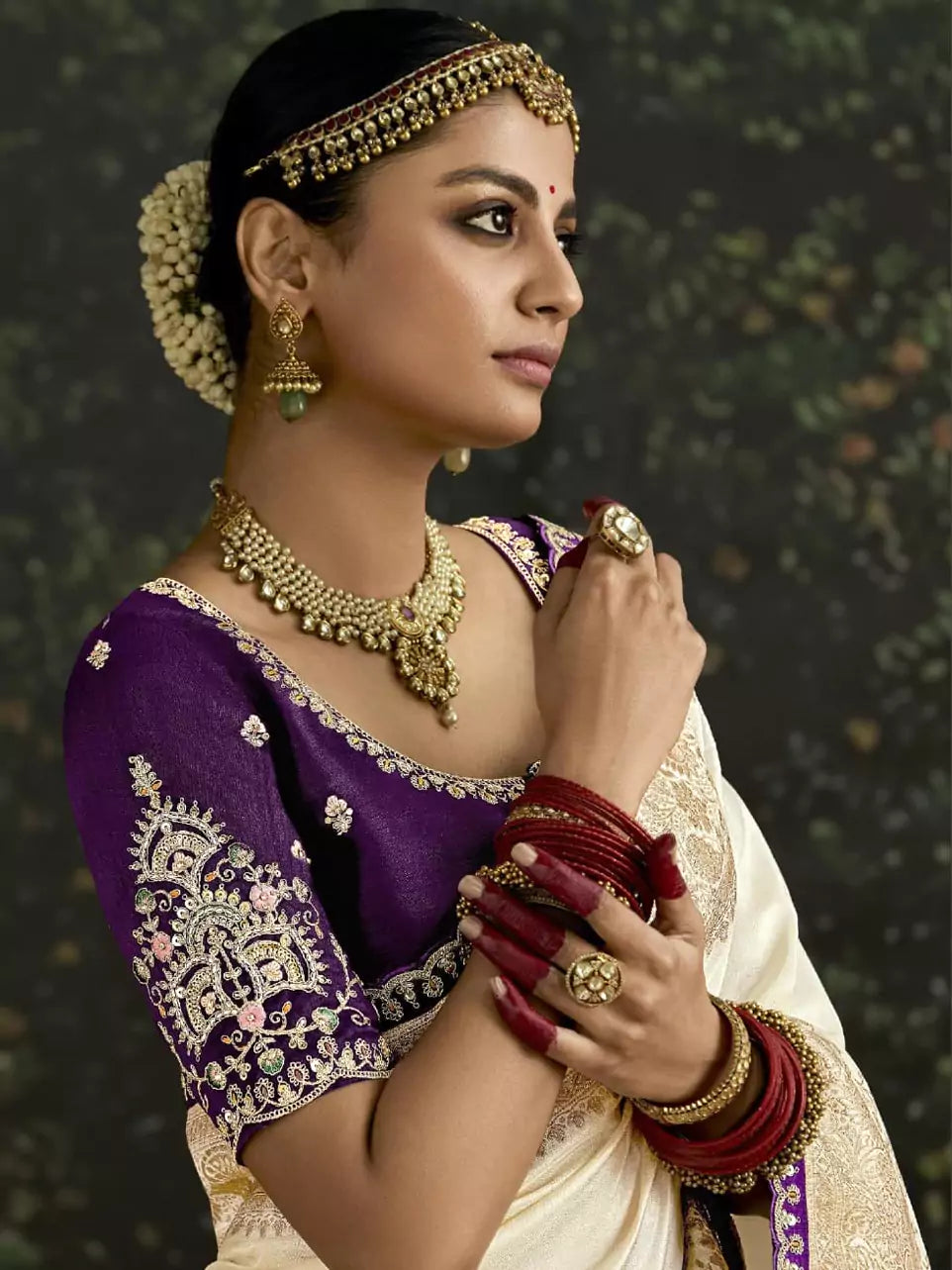 Beige Heavy Silk Saree with Gold Zari and Embroidery Work All-Over & Heavy Embroidery Purple Blouse