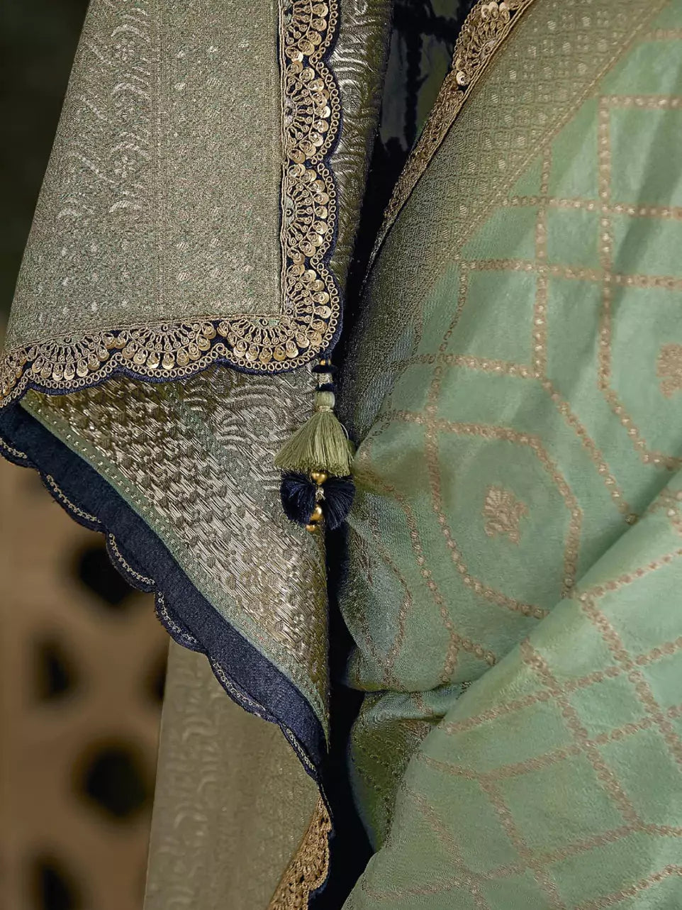 Mint Green Heavy Silk Saree with Gold Zari and Embroidery Work All-Over & Heavy Embroidery Navy Blue Blouse