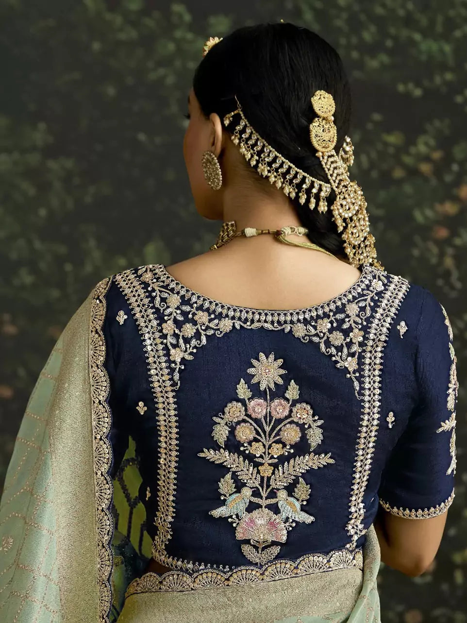 Mint Green Heavy Silk Saree with Gold Zari and Embroidery Work All-Over & Heavy Embroidery Navy Blue Blouse