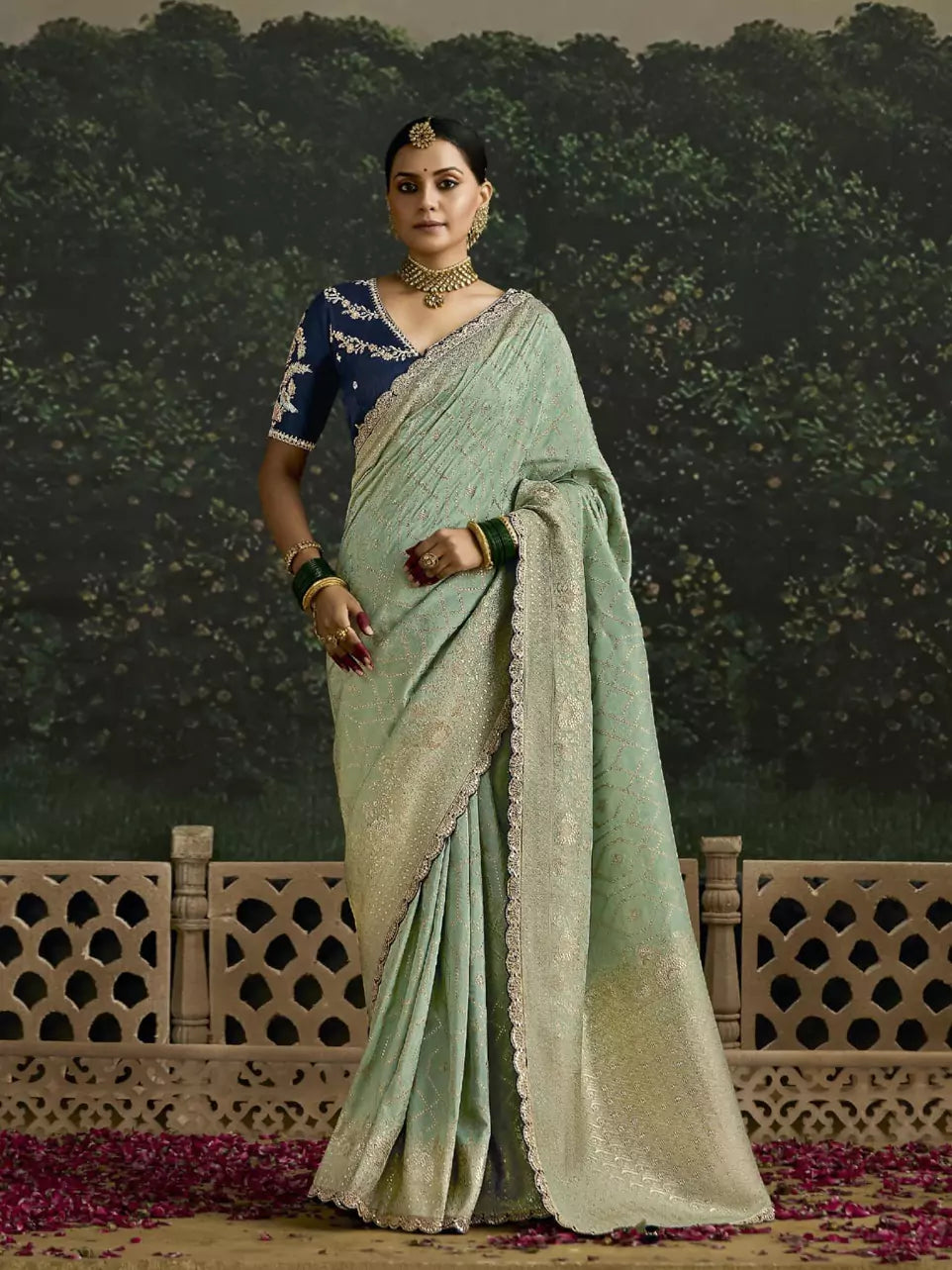 Mint Green Heavy Silk Saree with Gold Zari and Embroidery Work All-Over & Heavy Embroidery Navy Blue Blouse