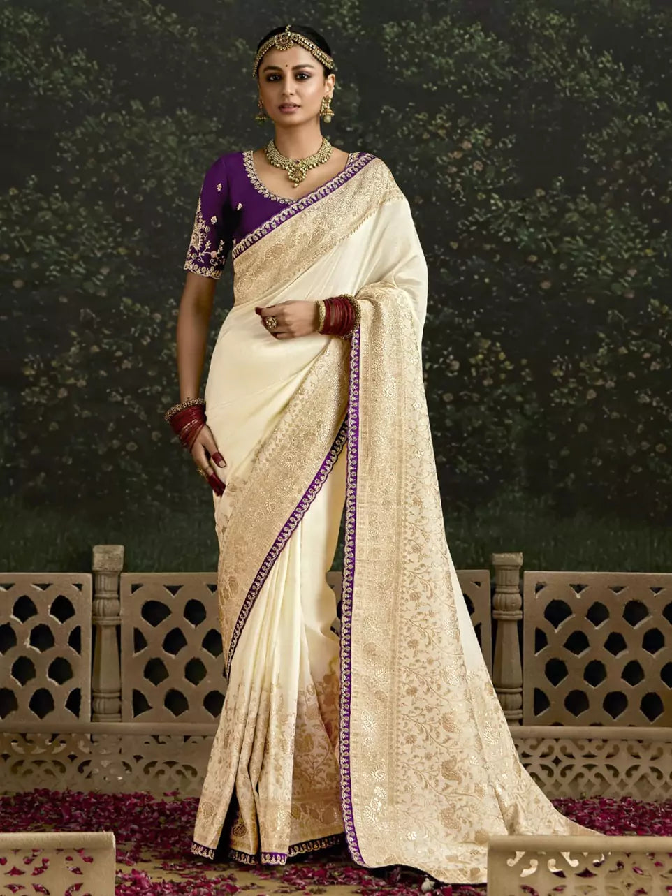 Beige Heavy Silk Saree with Gold Zari and Embroidery Work All-Over & Heavy Embroidery Purple Blouse