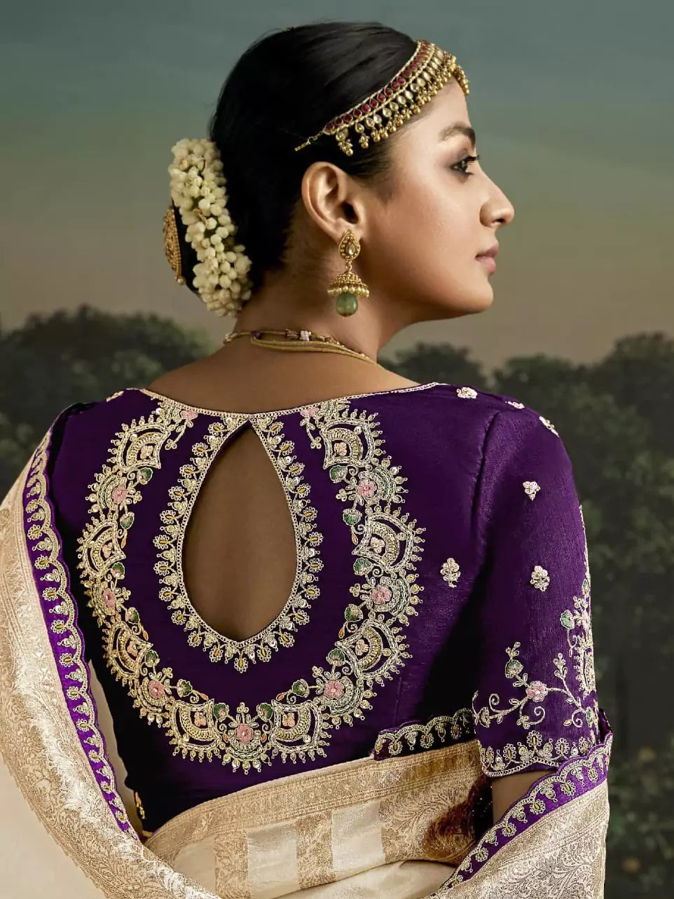 Beige Heavy Silk Saree with Gold Zari and Embroidery Work All-Over & Heavy Embroidery Purple Blouse