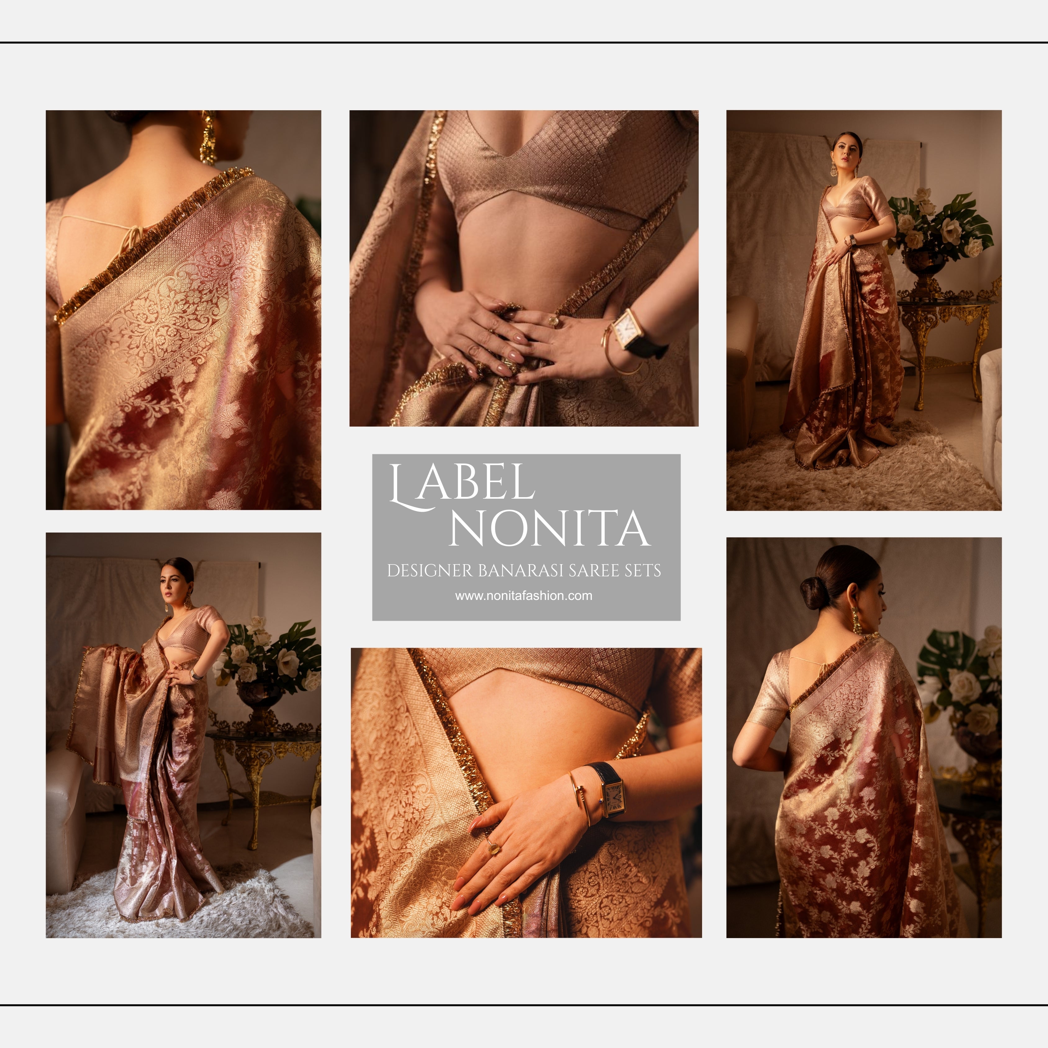 Orange Banarasi Silk Saree with Pure Gold Zari Floral Weaving and Matching Checked Blouse