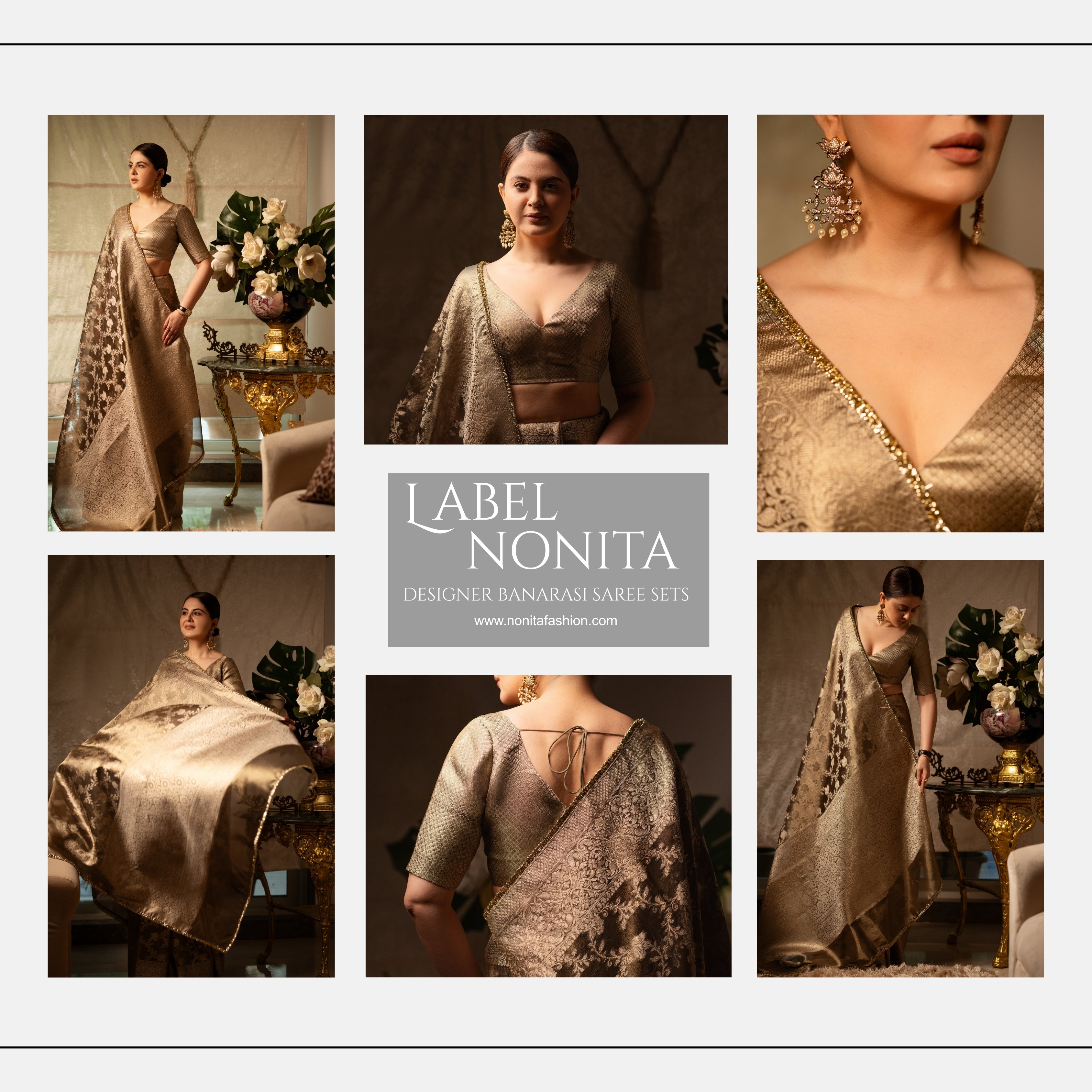 Grey Banarasi Silk Saree with Pure Gold Zari Floral Weaving and Matching Checked Blouse