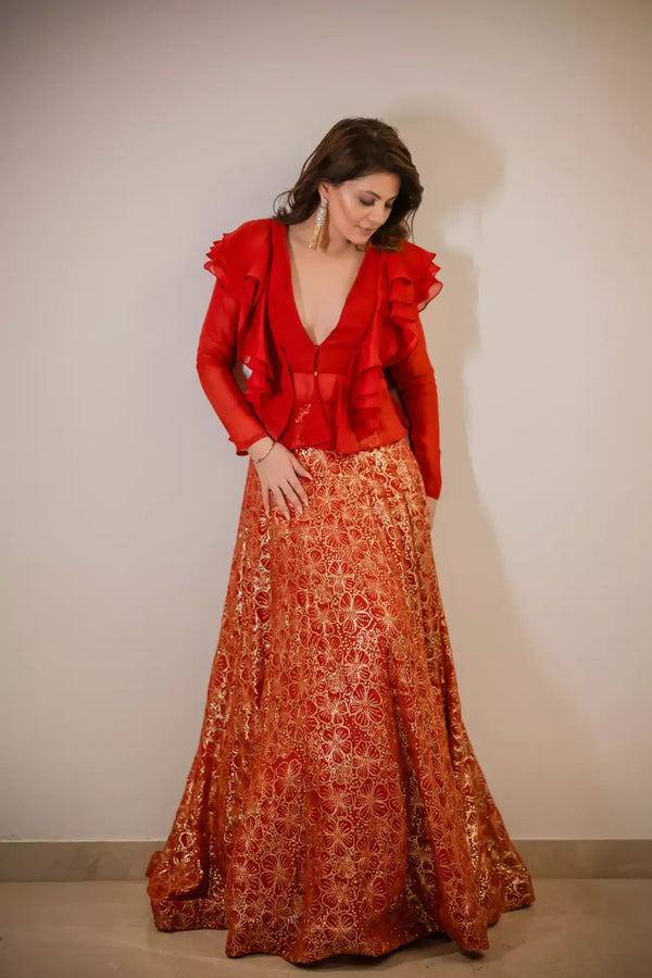 Shez Embroidered Red Designer Lehenga Set with Ruffle Blouse – Multi-Occasion Indo-Western Fusion Wear Label Nonita