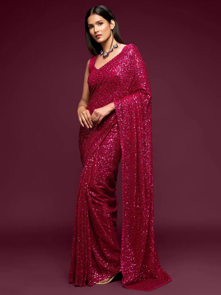 Hot Pink Georgette Saree with All Over Shimmer Sequin Work and Matching Sequin Blouse